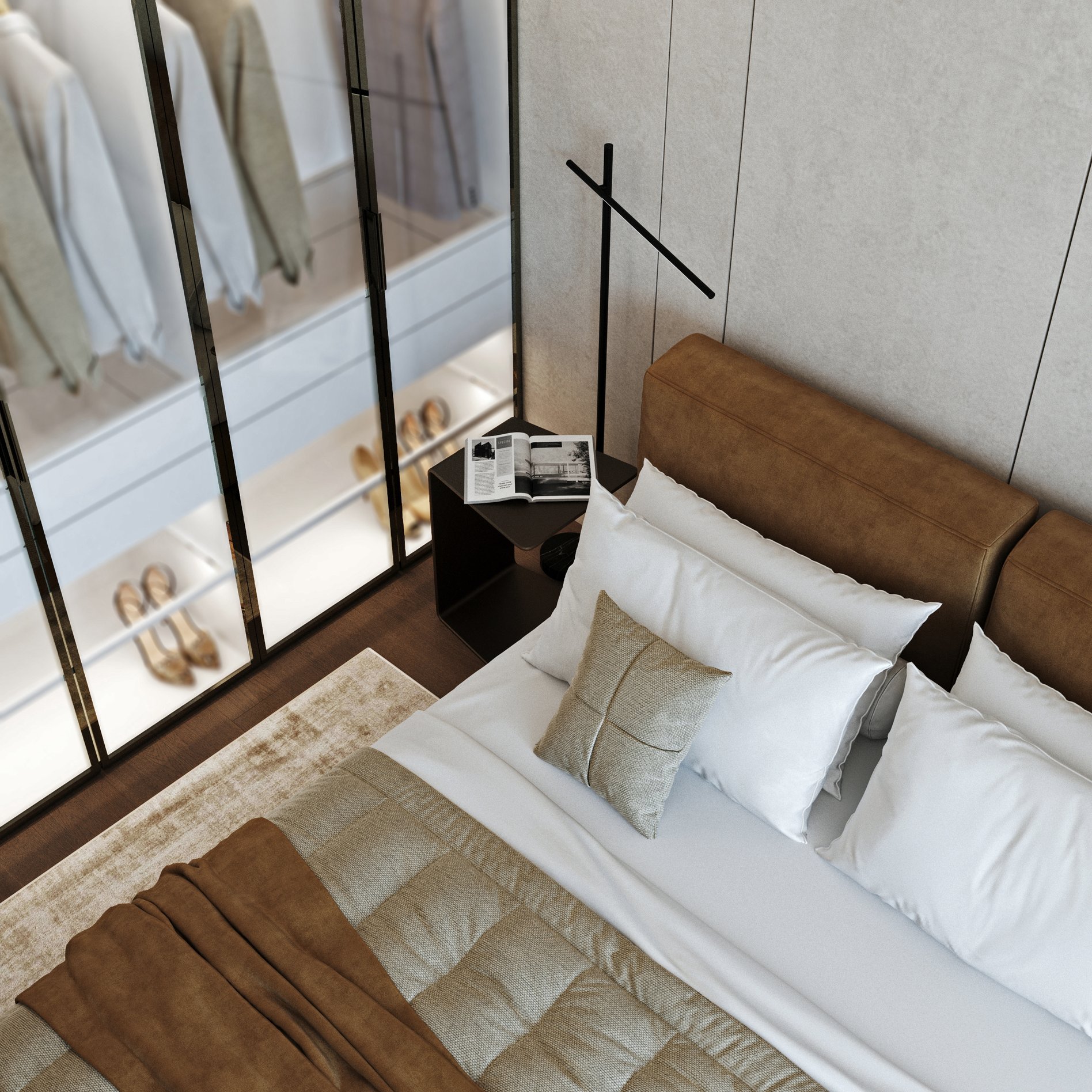 Close-up of bedroom storage featuring illuminated glass wardrobe system with integrated LED lighting and organized clothing display.