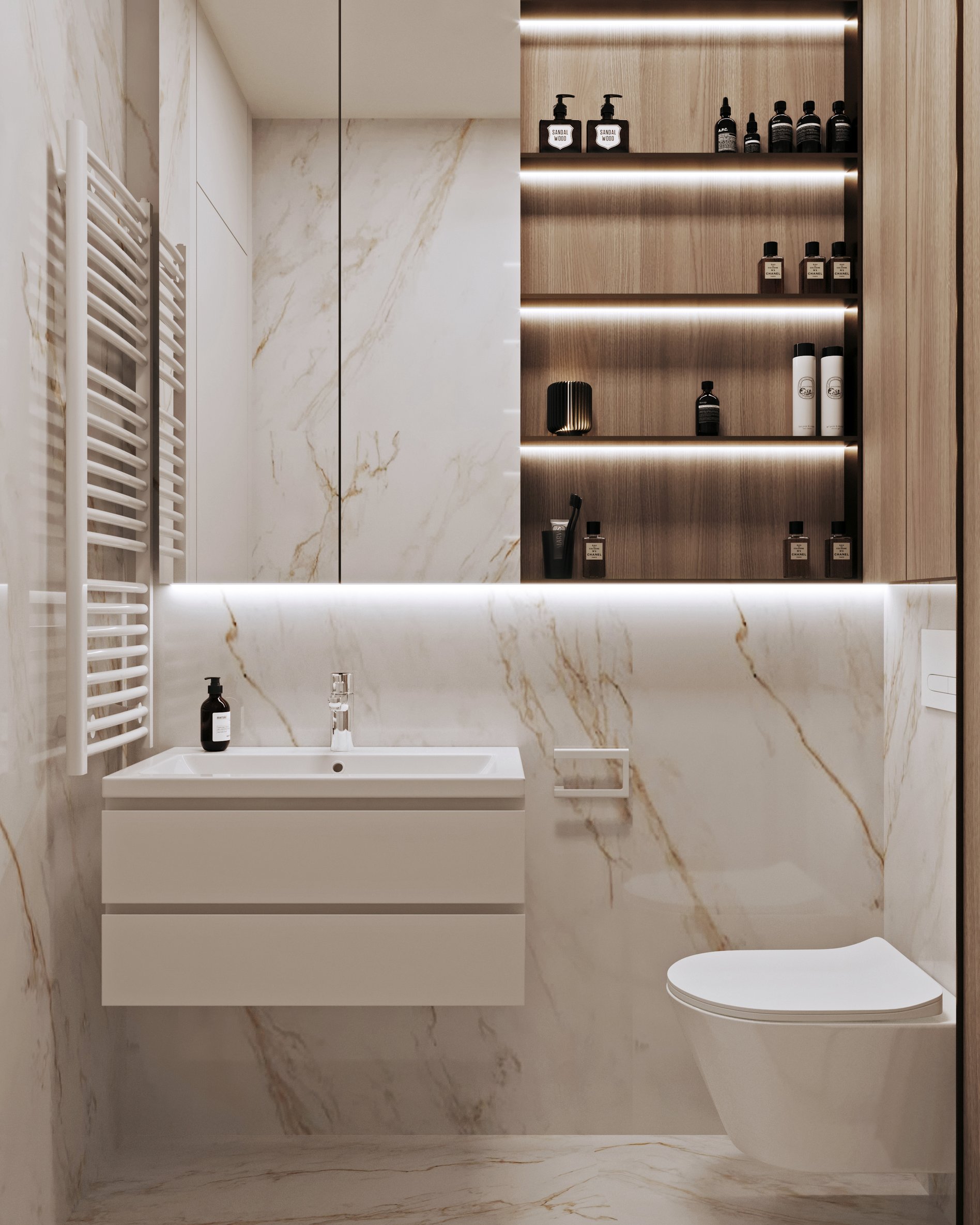 Luxurious bathroom with marble walls featuring gold veining, floating vanity, and illuminated wooden shelving for toiletries.