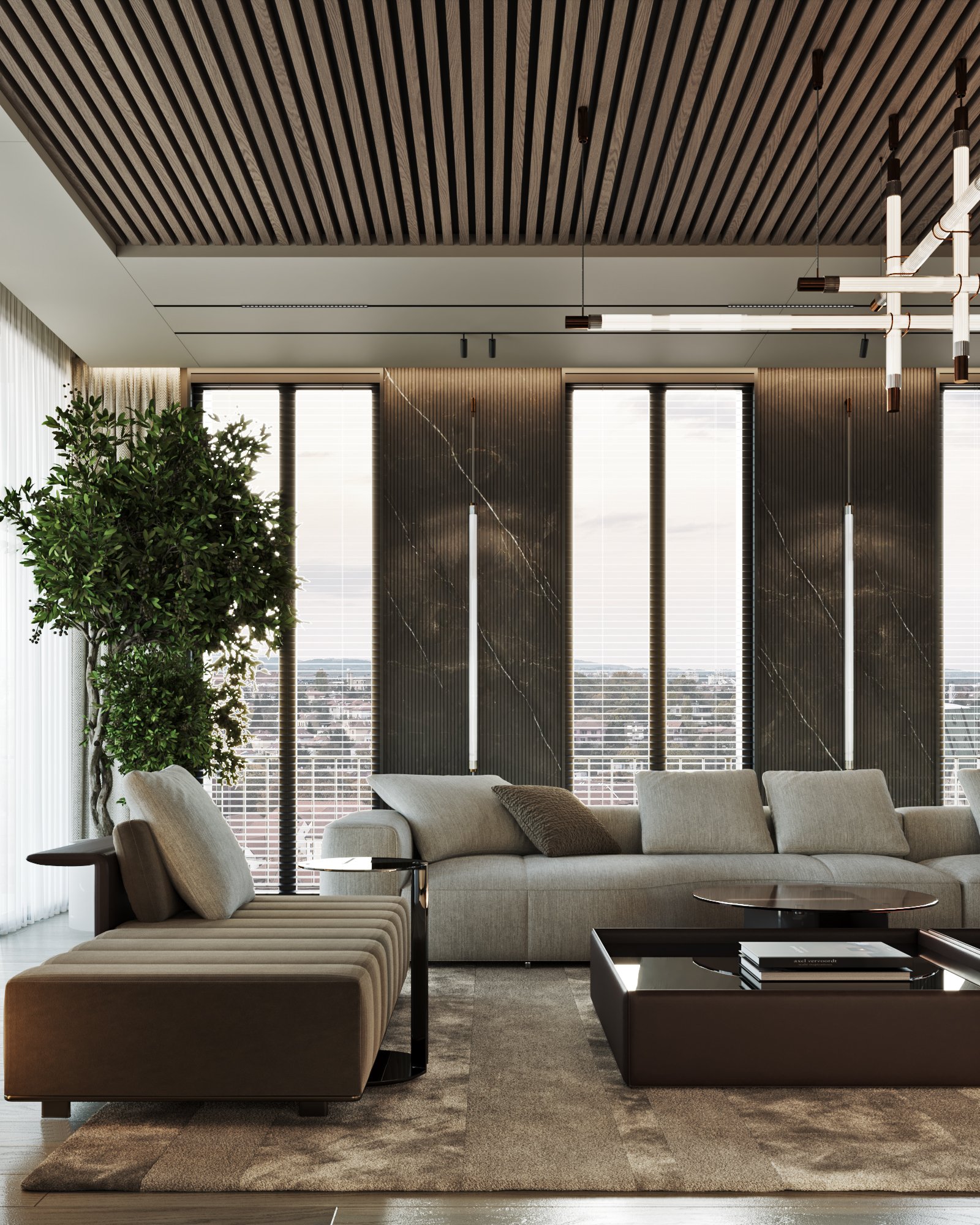 Elegant living room featuring a modern sofa, glass coffee table, and ceiling with wooden slats.