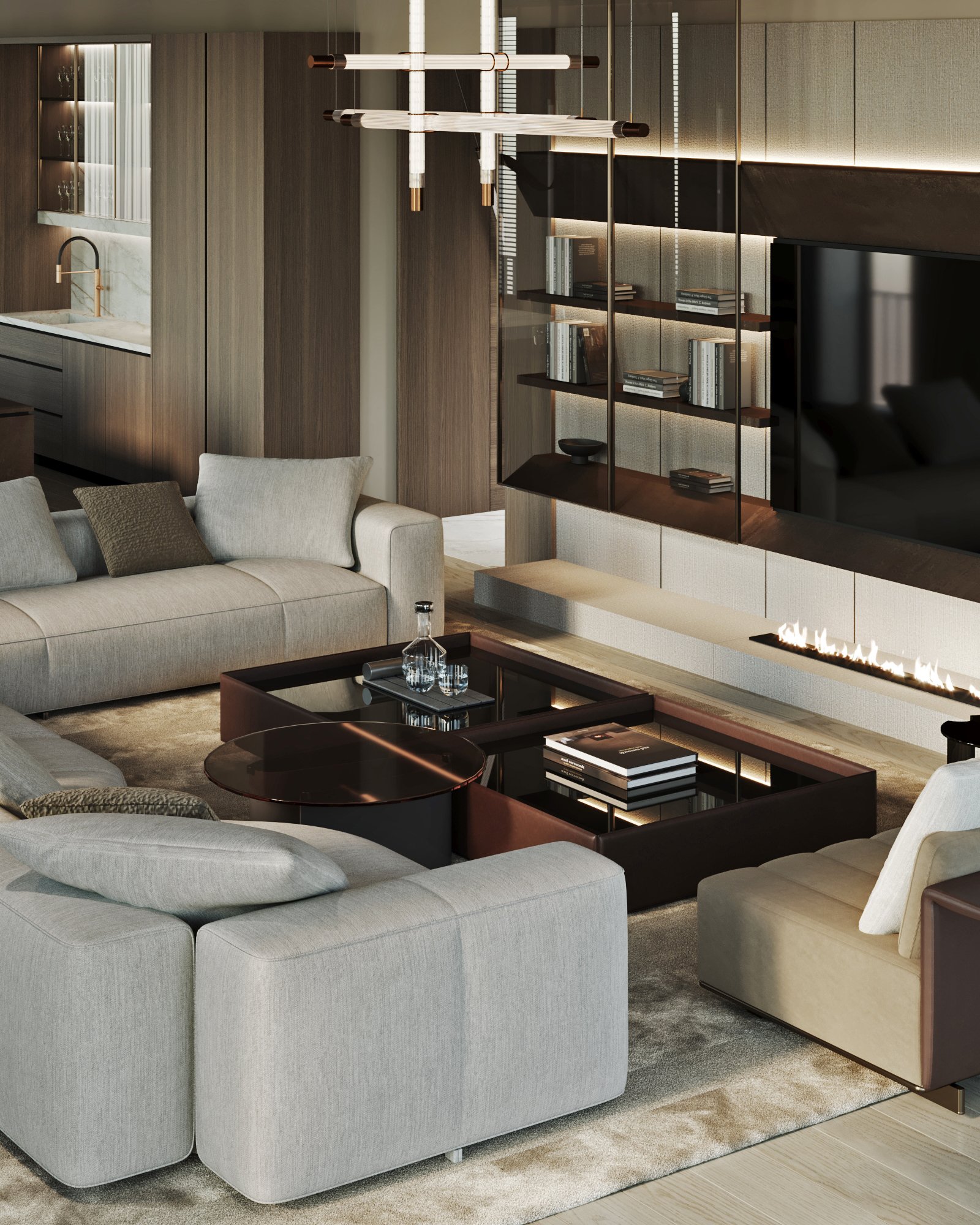 Stylish living room with a sectional sofa, built-in fireplace, and illuminated shelving.