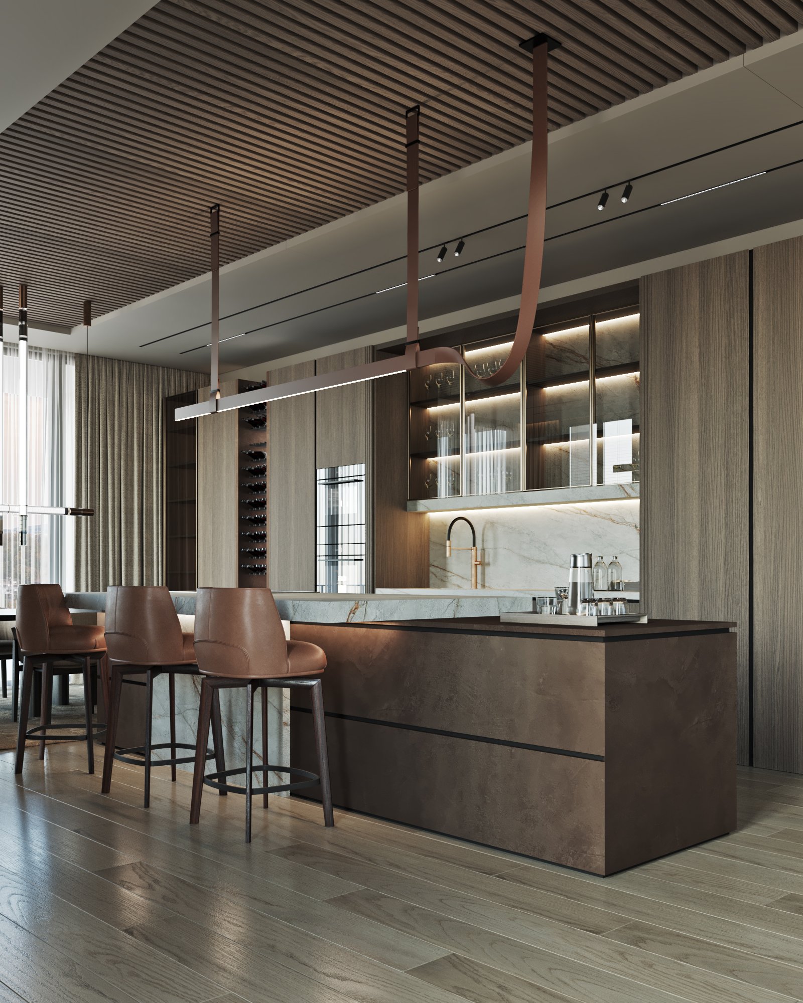 Modern kitchen featuring a marble countertop, brown bar stools, and sleek cabinetry with ambient lighting.