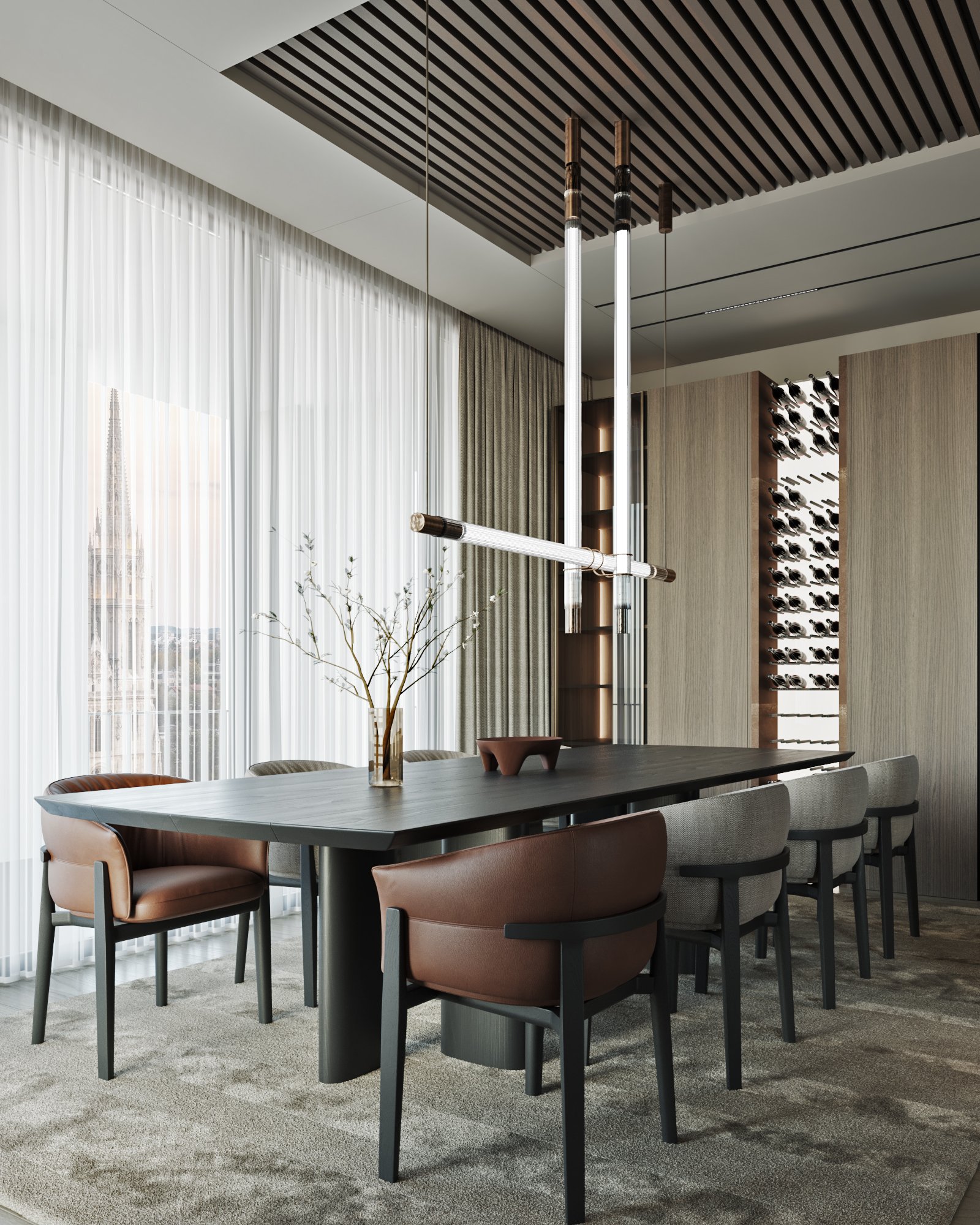 Stylish dining room featuring a long table, contemporary chairs, and unique pendant lighting.