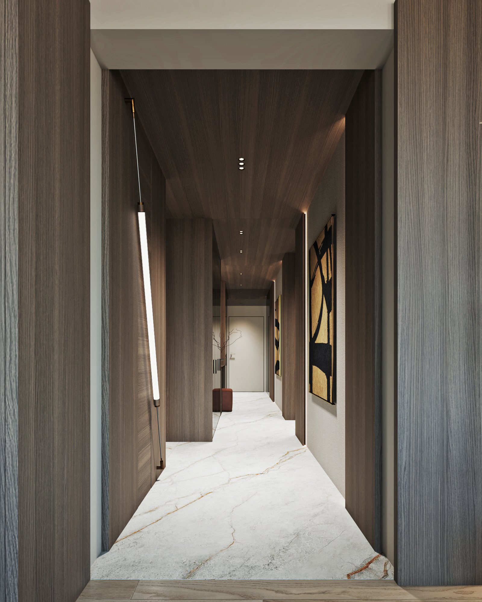 Elegant hallway featuring marble flooring, wooden wall panels, and contemporary lighting.
