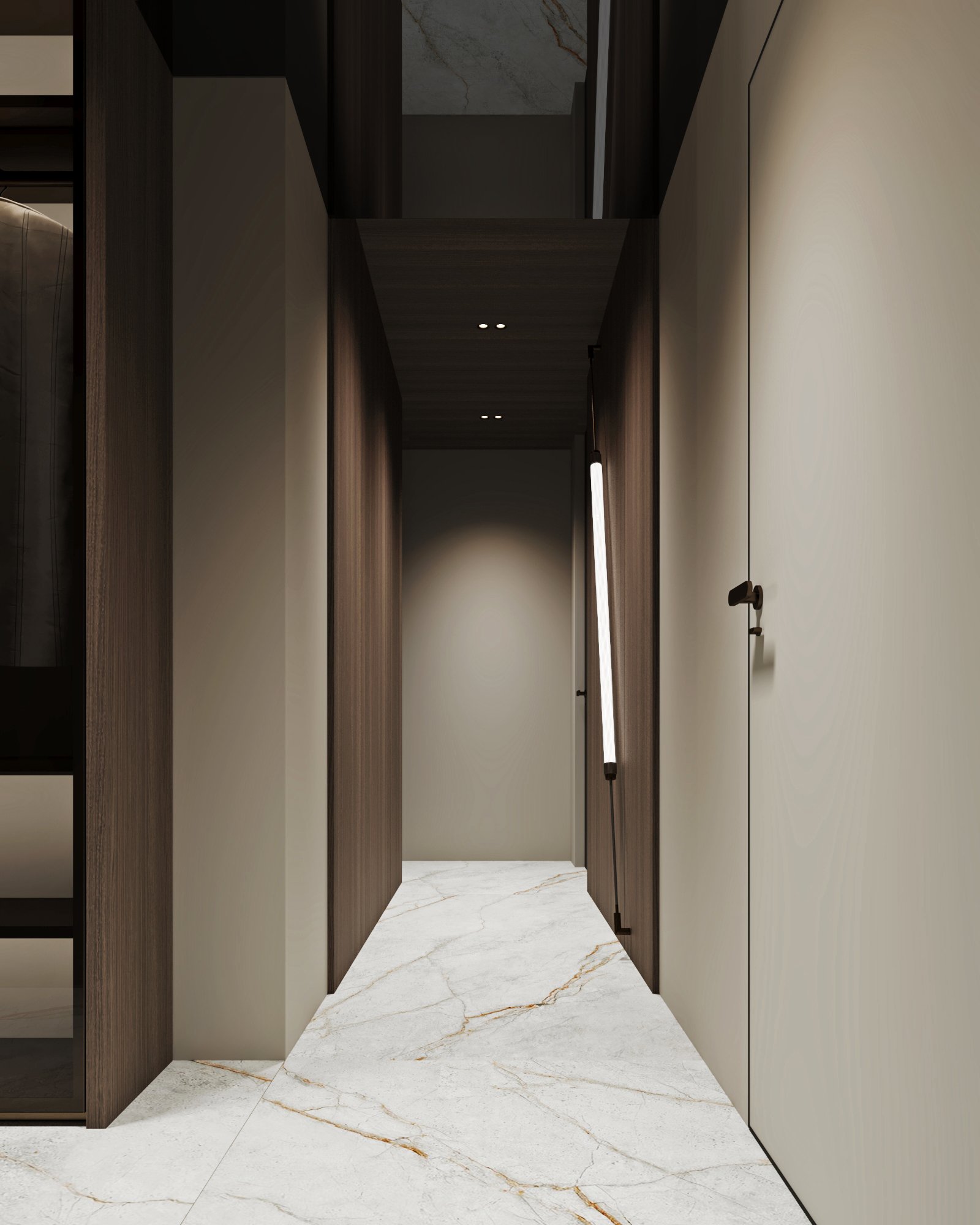 Minimalist hallway featuring marble flooring, wood accents, and sleek lighting.