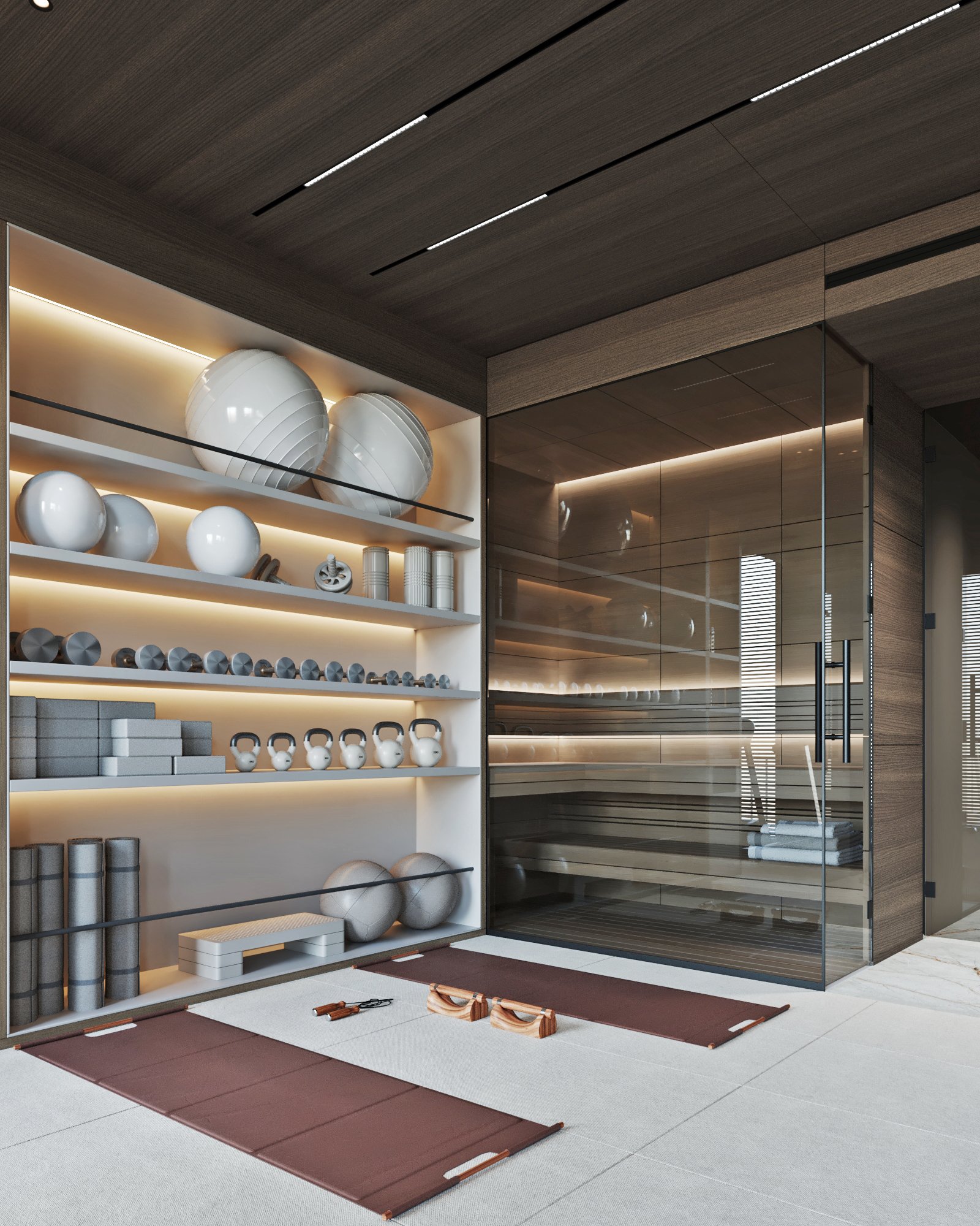 Luxury home gym area featuring illuminated storage shelves with fitness equipment, yoga mats, and a glass-enclosed sauna.