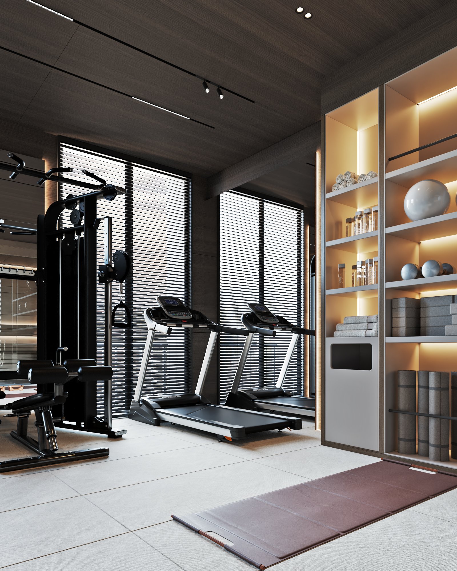 High-end home gym featuring treadmills, weight machine, and built-in storage shelves with exercise equipment.
