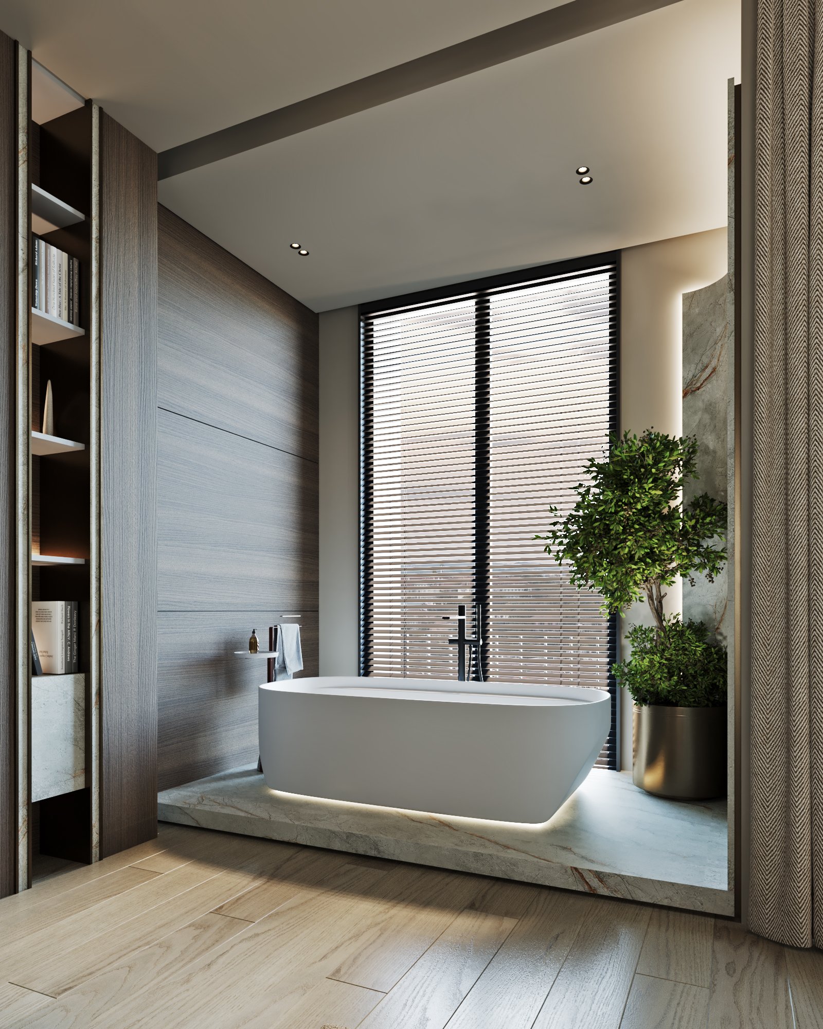 Elegant bathroom featuring a white freestanding bathtub on a marble platform, floor-to-ceiling windows with blinds, and built-in shelving.