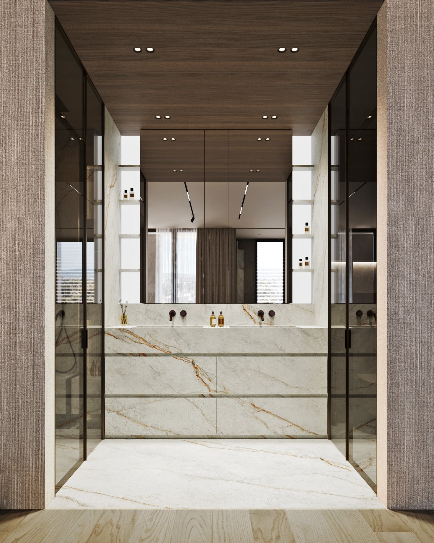 High-end bathroom featuring white marble vanity with gold veining, large mirror with built-in storage niches, and smoked glass panels.