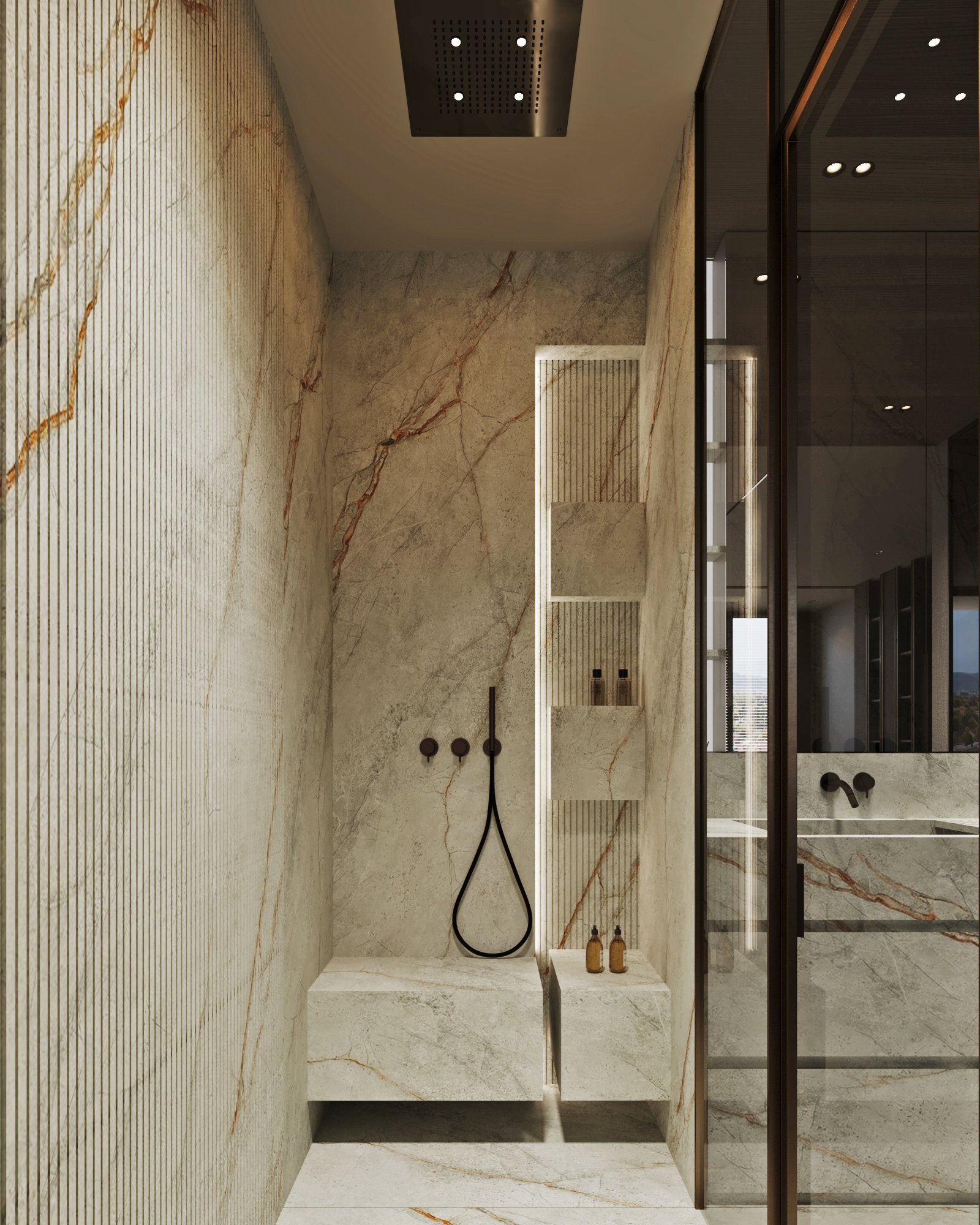 Contemporary shower room featuring marble walls with gold veining, built-in bench, and black fixtures with glass partition.