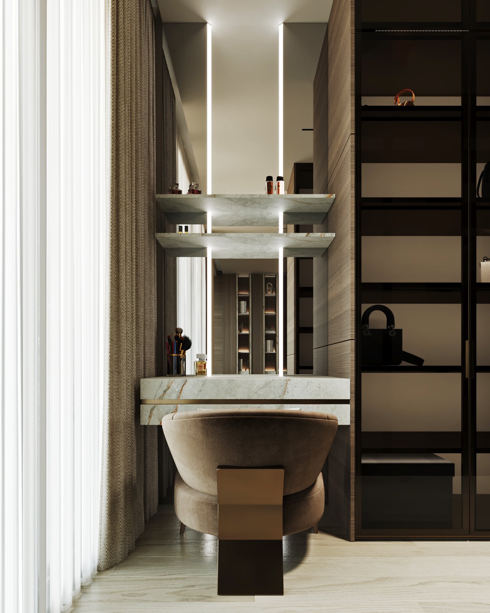 Modern dressing area featuring marble shelving, LED lighting strips, and a velvet upholstered chair with built-in storage.