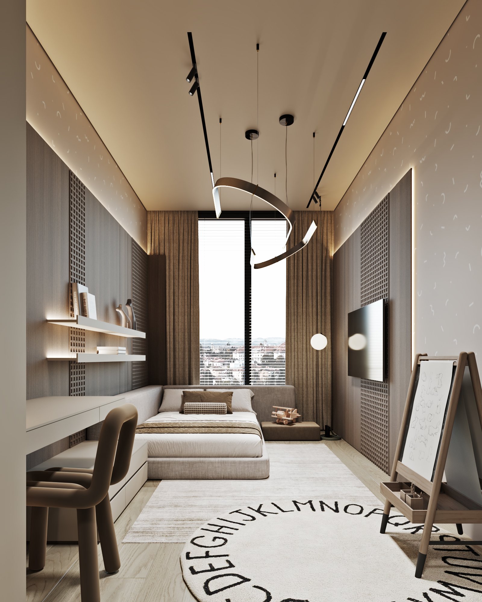 Modern children's room with curved LED ceiling light, built-in storage, and educational easel.