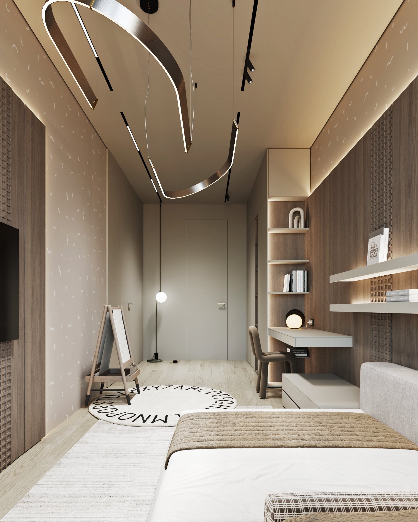 Contemporary children's bedroom featuring built-in desk, floating shelves, and platform bed with alphabet rug.