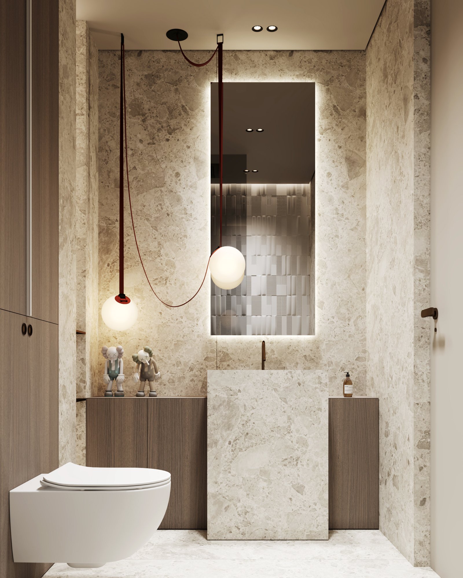 Modern bathroom with geometric textured wall panels, built-in shelf, and wall-mounted toilet with marble accents.