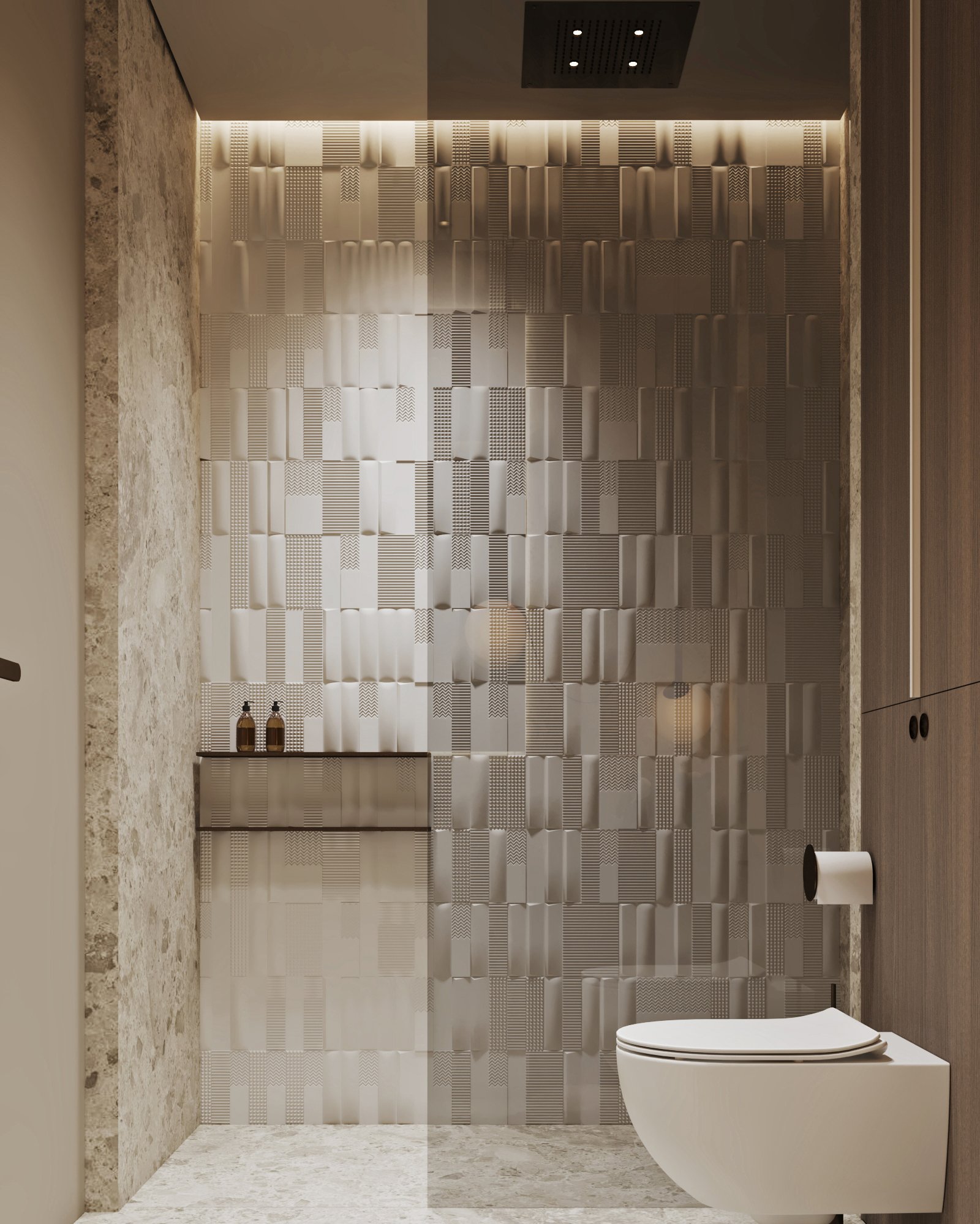 Modern bathroom with geometric textured wall panels, built-in shelf, and wall-mounted toilet with marble accents.
