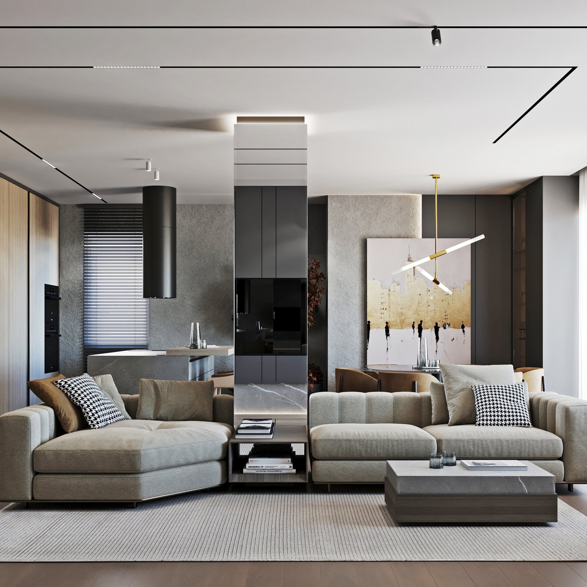 Contemporary living room featuring a grey sectional sofa, marble coffee table, and modern artwork with city silhouettes.