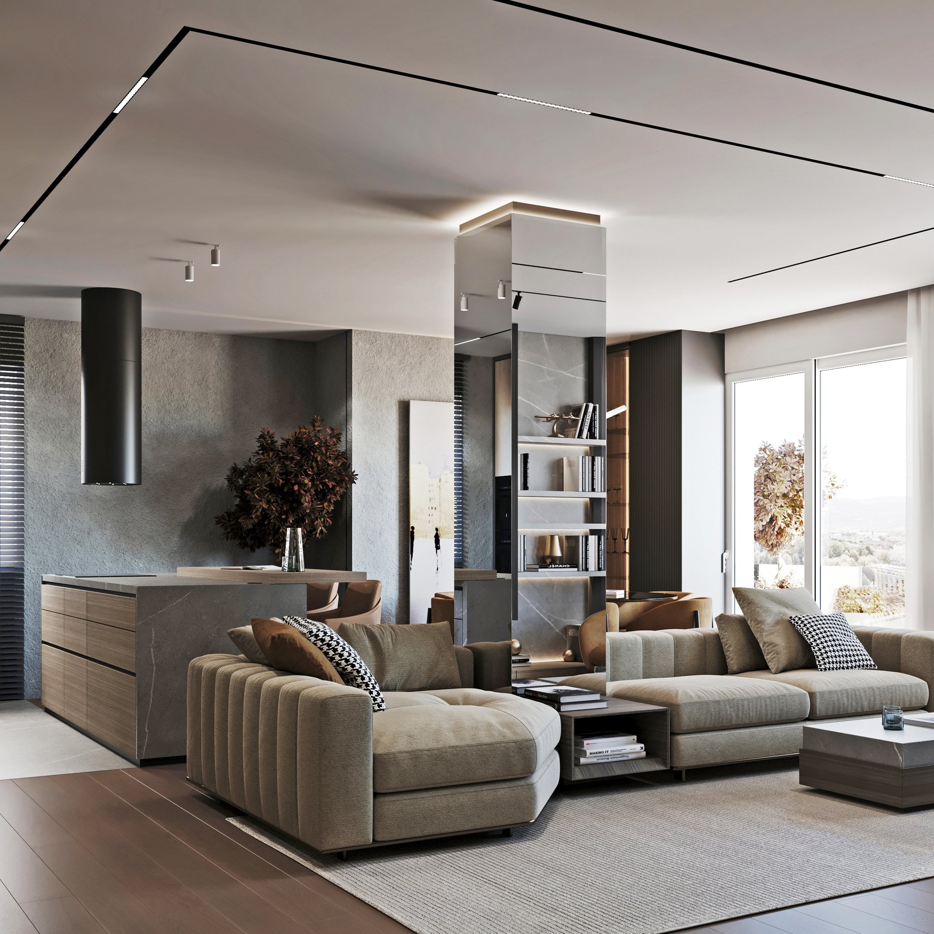 Open-concept living space with sectional sofa, dining area, and integrated kitchen featuring textured walls and wooden accents.