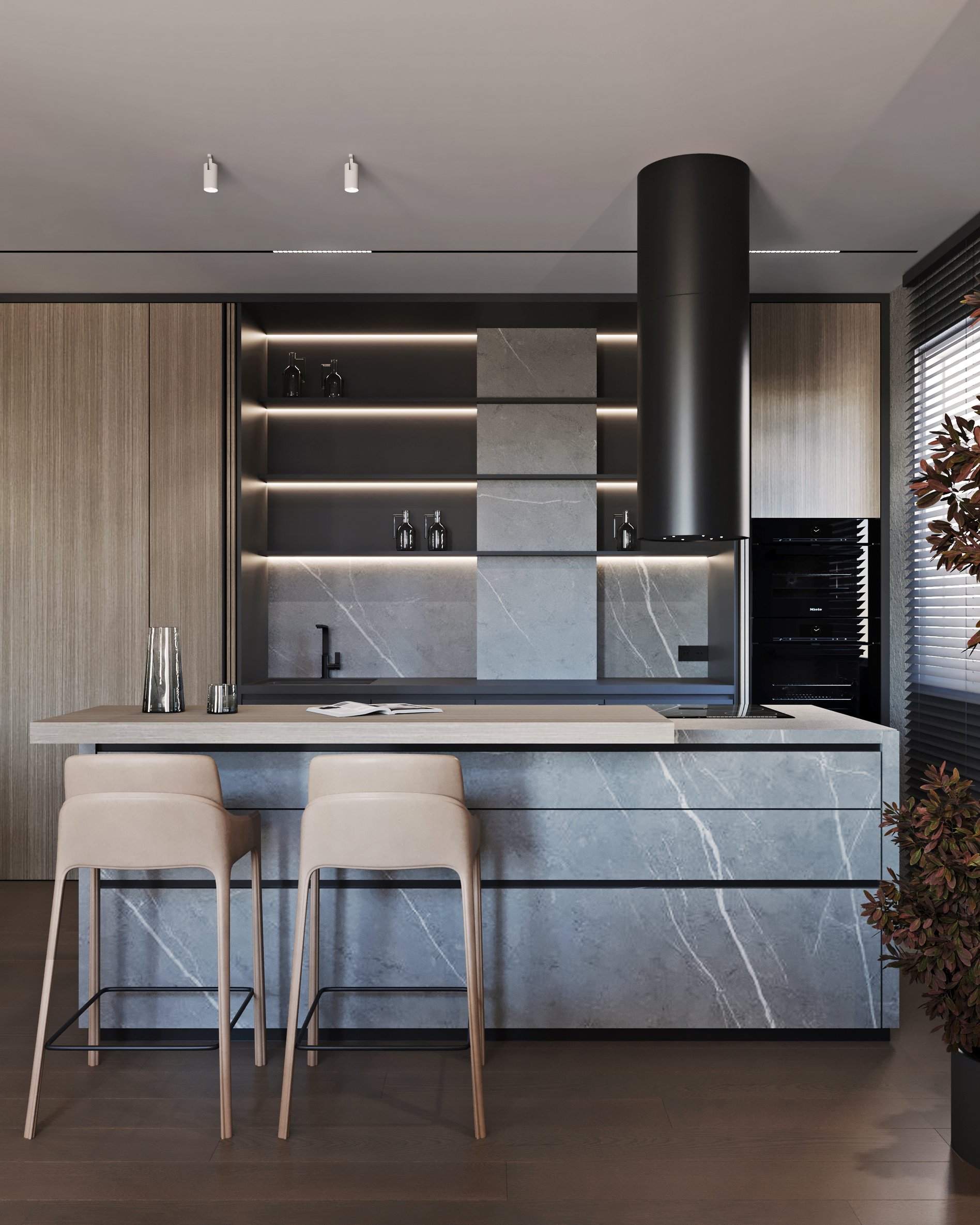 Modern kitchen featuring marble island, light wood cabinetry, and black cylindrical range hood with beige bar stools.