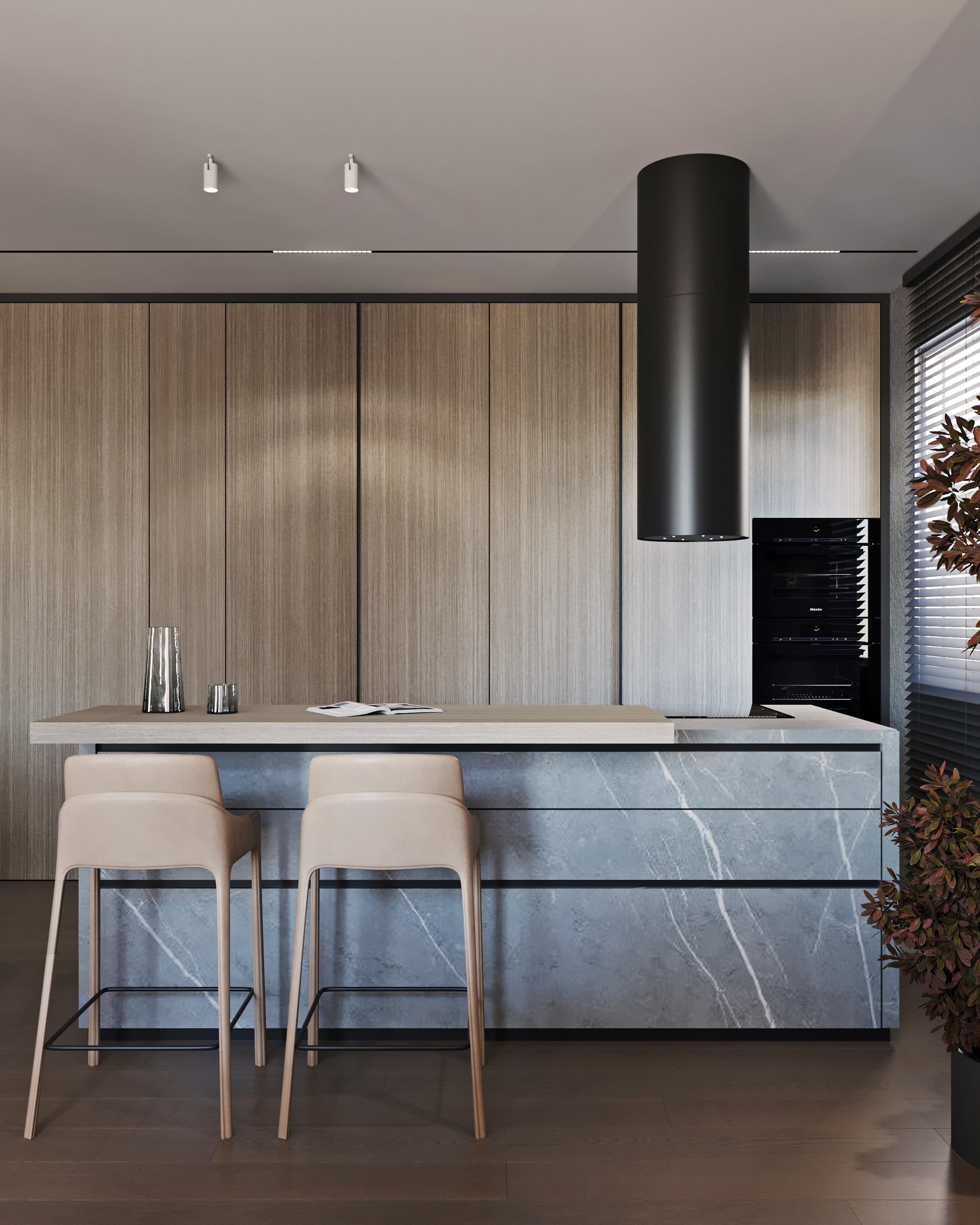 Kitchen storage wall with light wood panels, black cylindrical range hood, and integrated appliances.