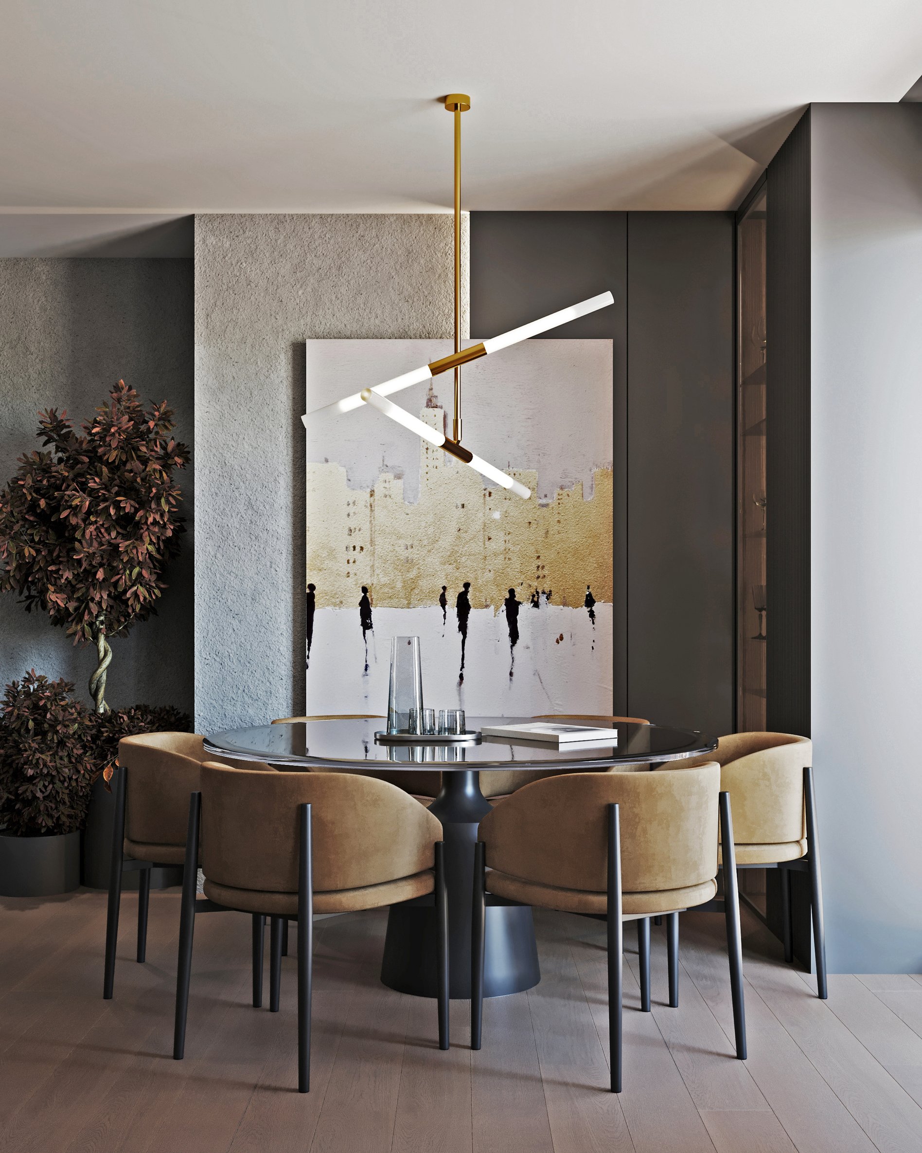 Dining area with round black table, tan upholstered chairs, and contemporary art piece featuring urban scenery.