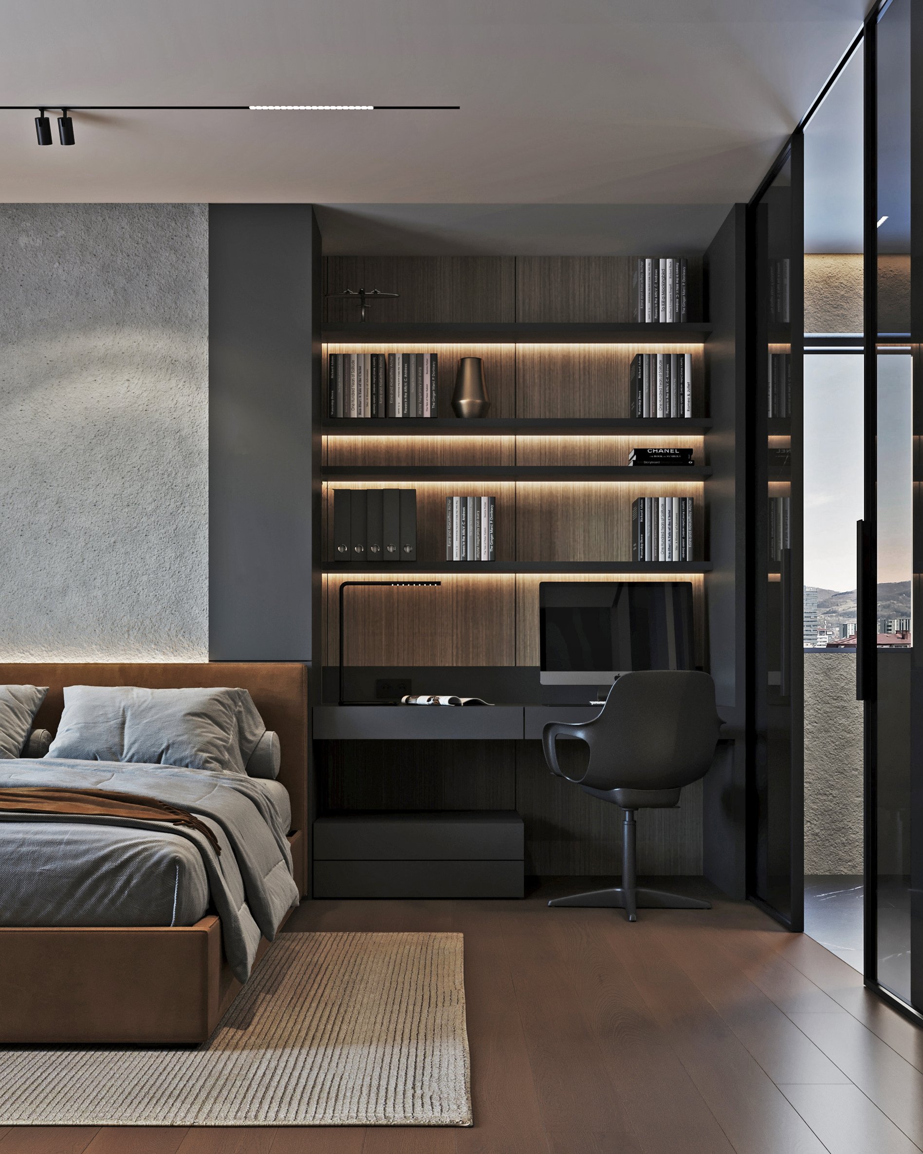 Master bedroom with integrated workspace featuring illuminated shelving, black desk, and ergonomic chair.