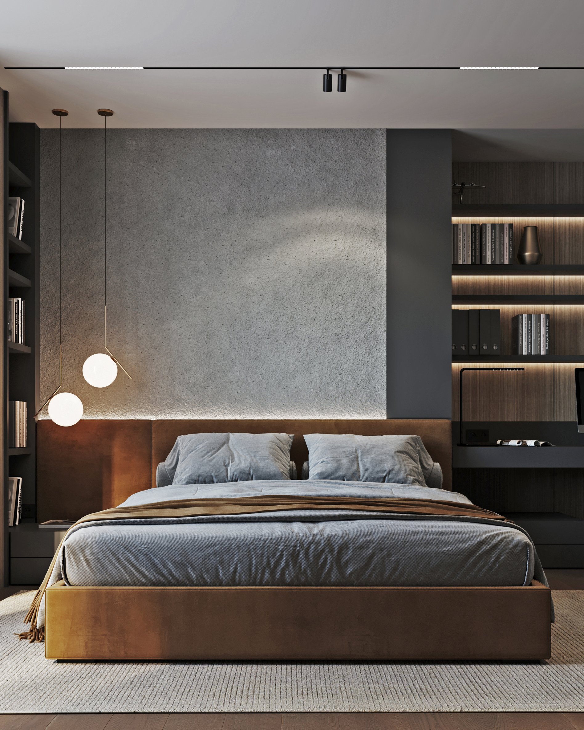 Master bedroom with leather platform bed, geometric pendant lights, and built-in shelving with ambient lighting.