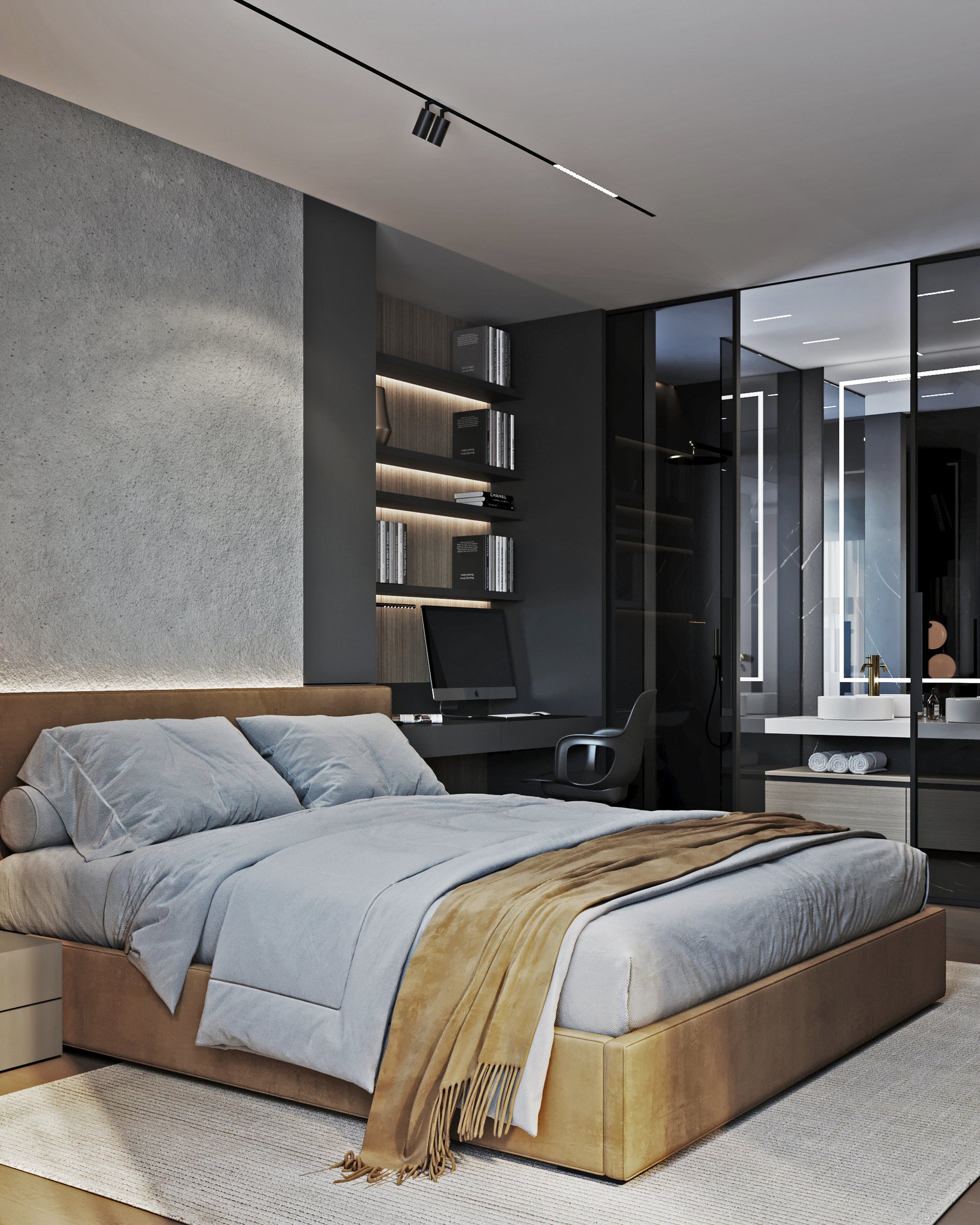 Master bedroom with ensuite bathroom featuring leather platform bed, grey bedding, and glass partition wall.