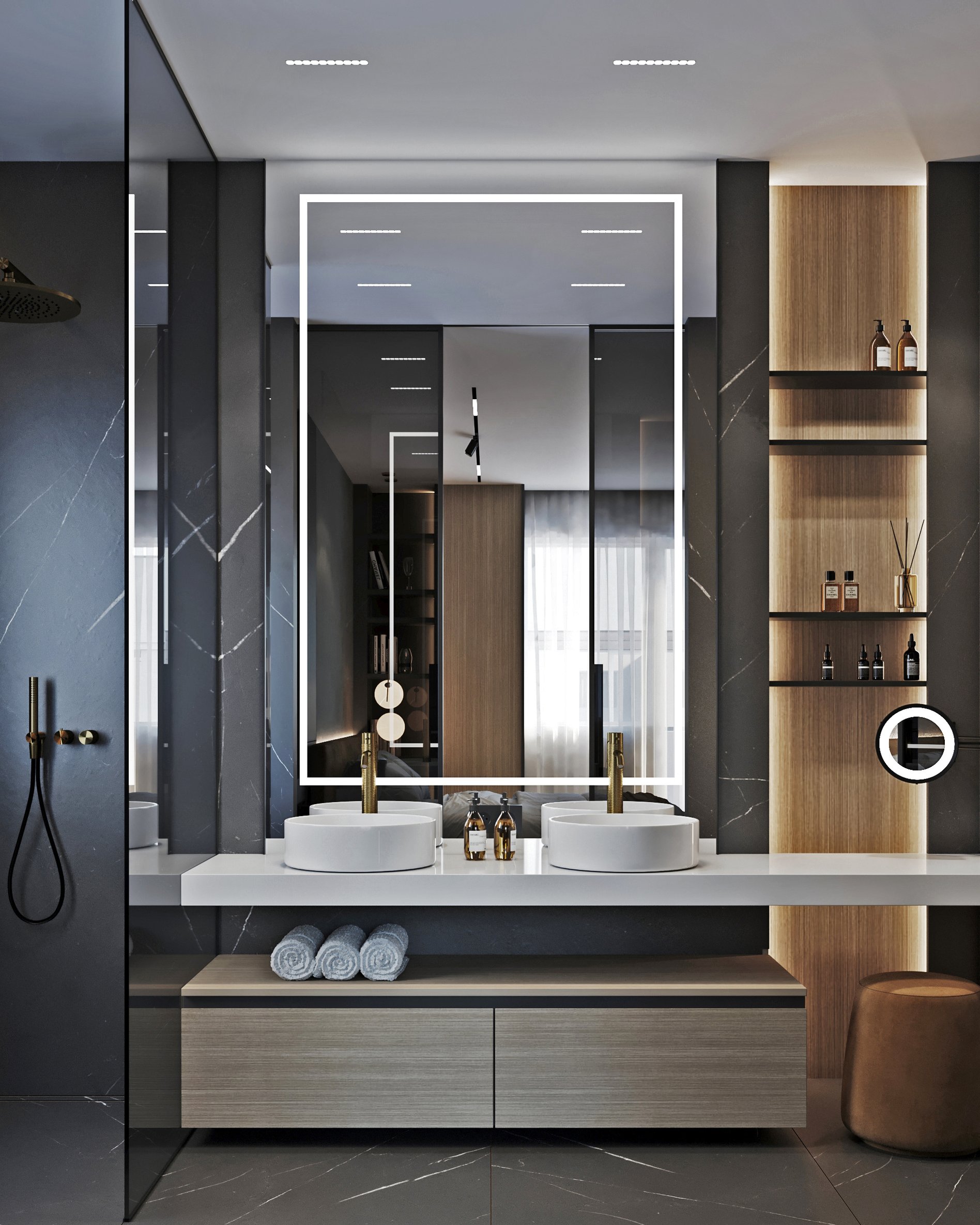 Contemporary master bathroom featuring illuminated mirror, dual vessel sinks with brass faucets, and wood-grain storage cabinets.