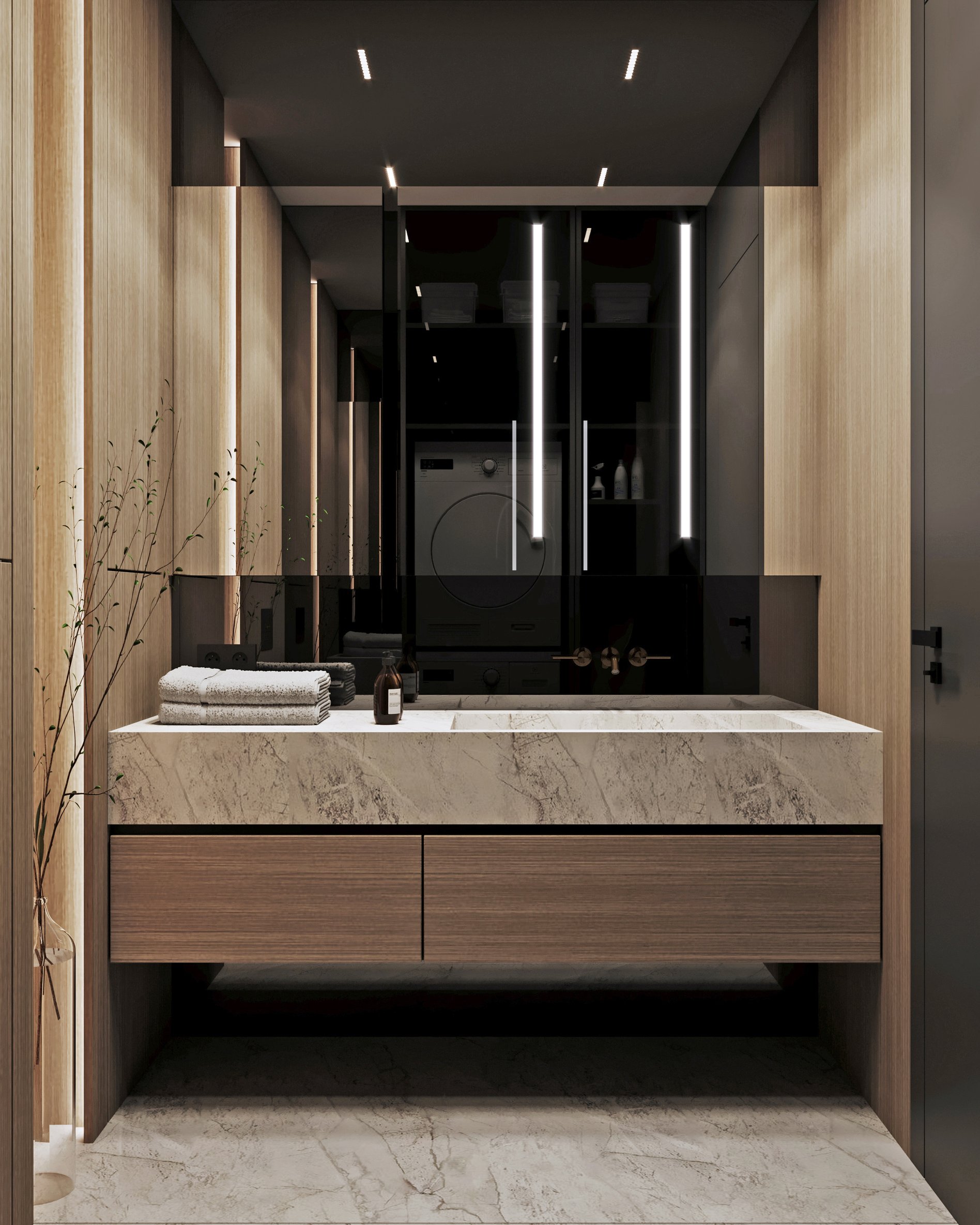 Modern powder room featuring floating marble vanity, wood paneling, integrated lighting, and black glass accents.
