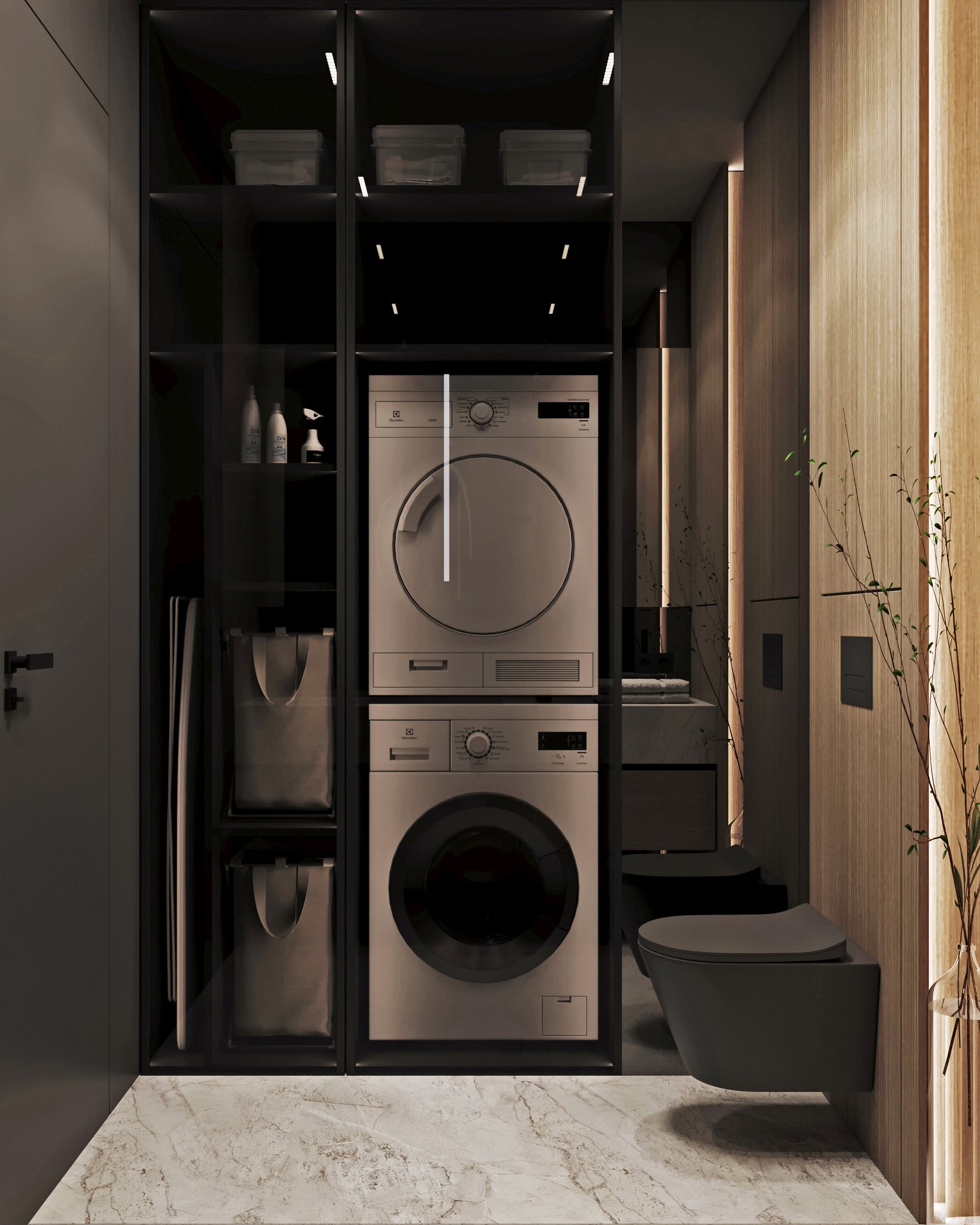 Contemporary laundry room with stacked washer and dryer, built-in storage cabinets, marble flooring, and wooden accent panels.