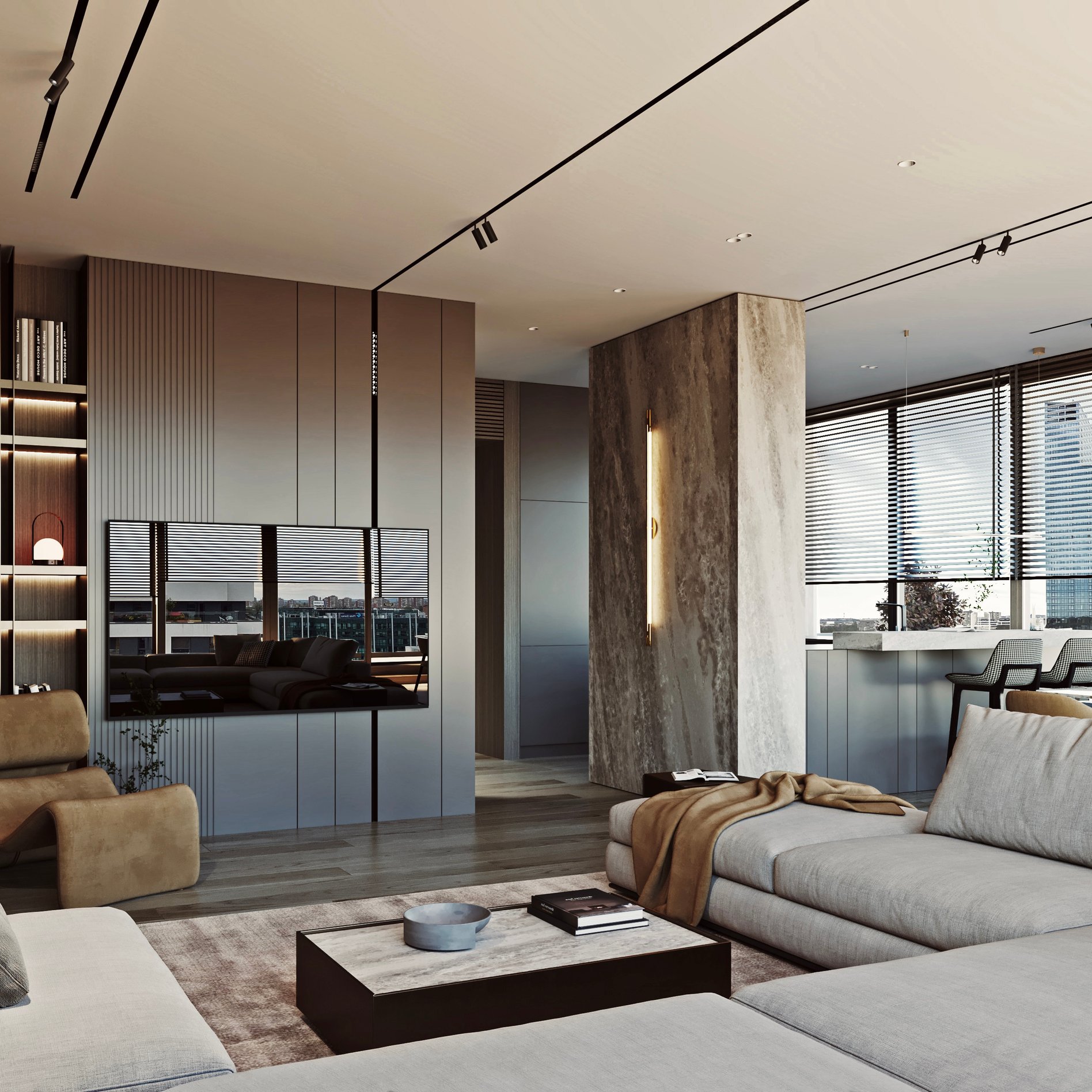 Contemporary living area with floor lamp, built-in storage, and marble accent wall.