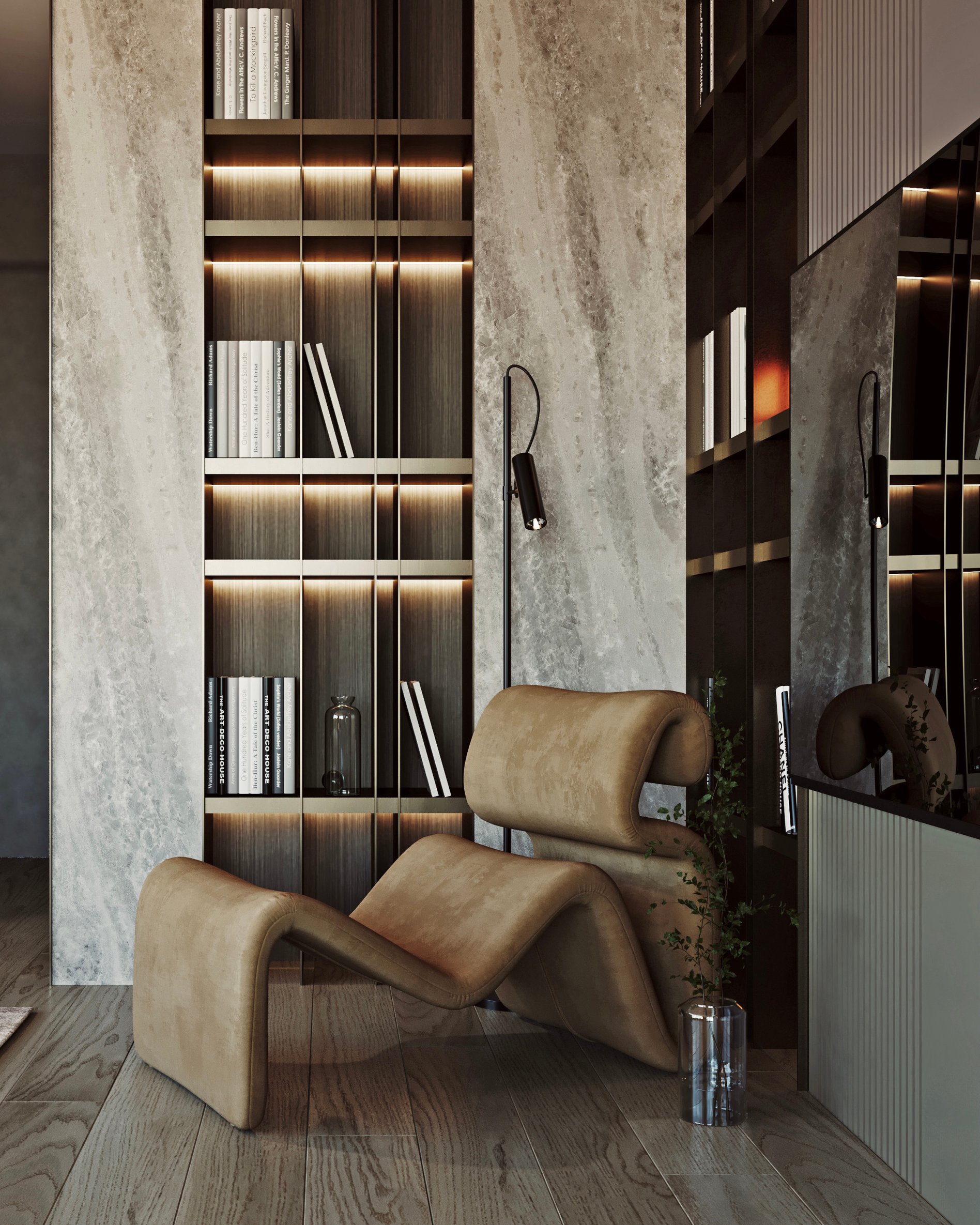 Luxury reading corner with sculptural lounge chair, illuminated bookshelves, and marble accents.