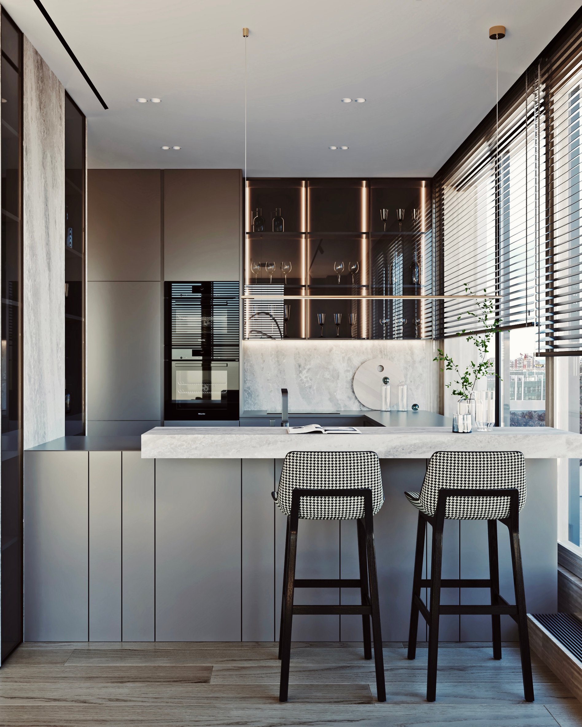 Modern kitchen featuring houndstooth bar stools, marble countertop, and illuminated glass storage.