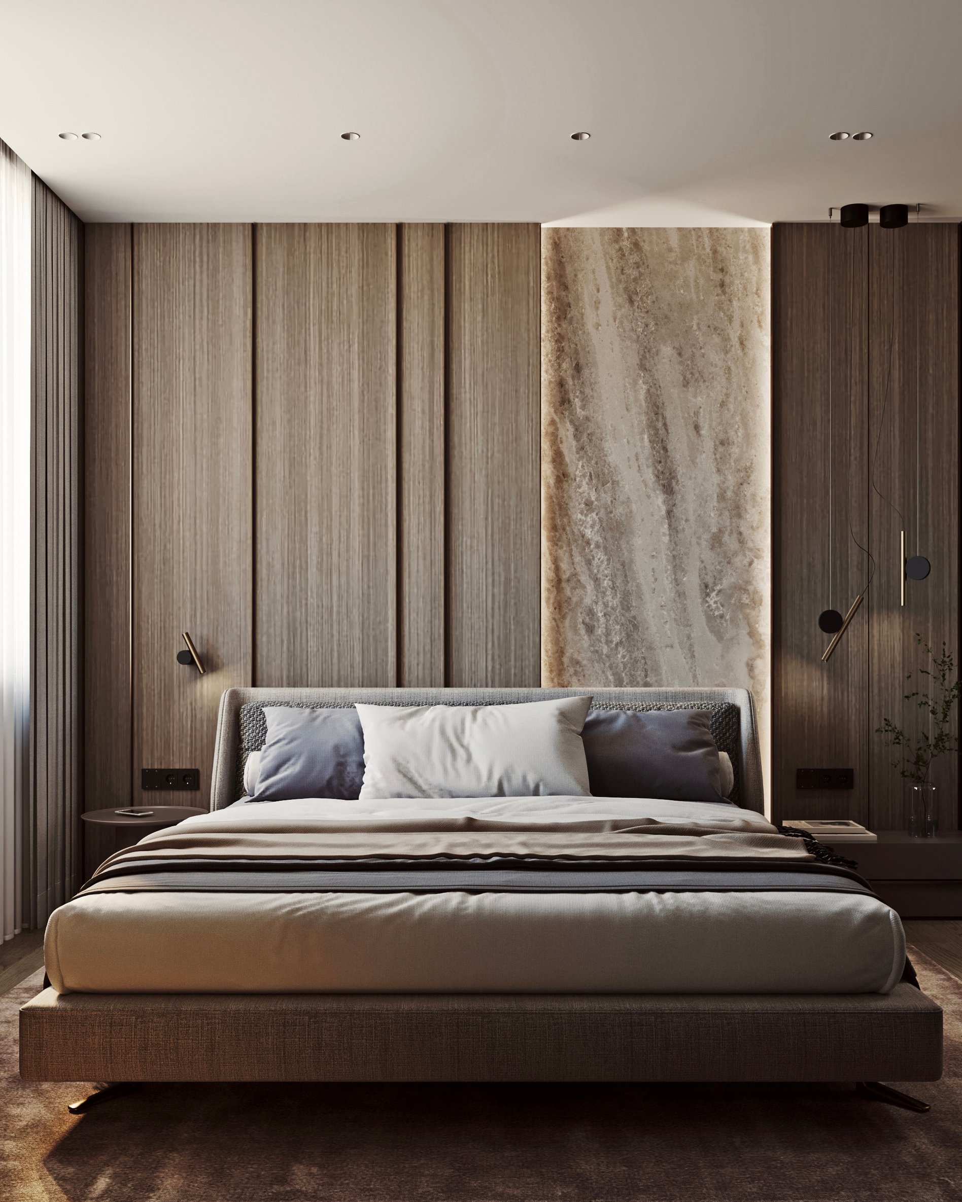 Modern master bedroom featuring wooden wall panels, backlit marble accent wall, and contemporary lighting fixtures.