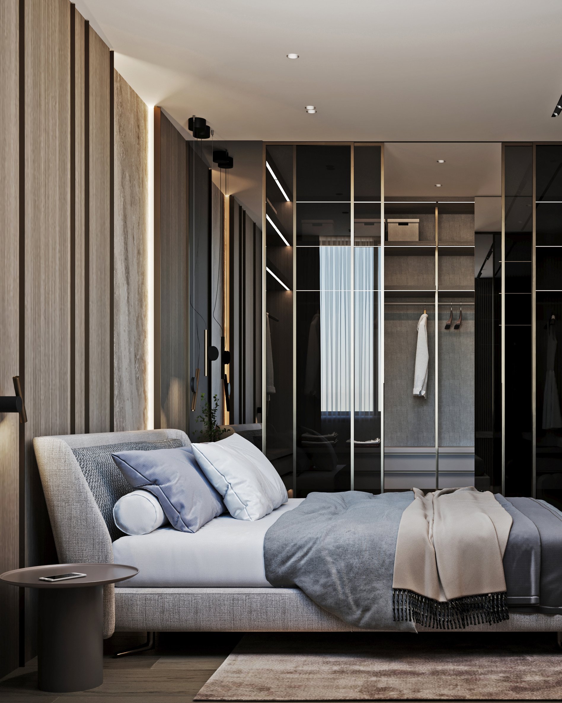 Contemporary bedroom with built-in closet featuring glass doors, LED lighting strips, and upholstered bed with luxurious bedding.