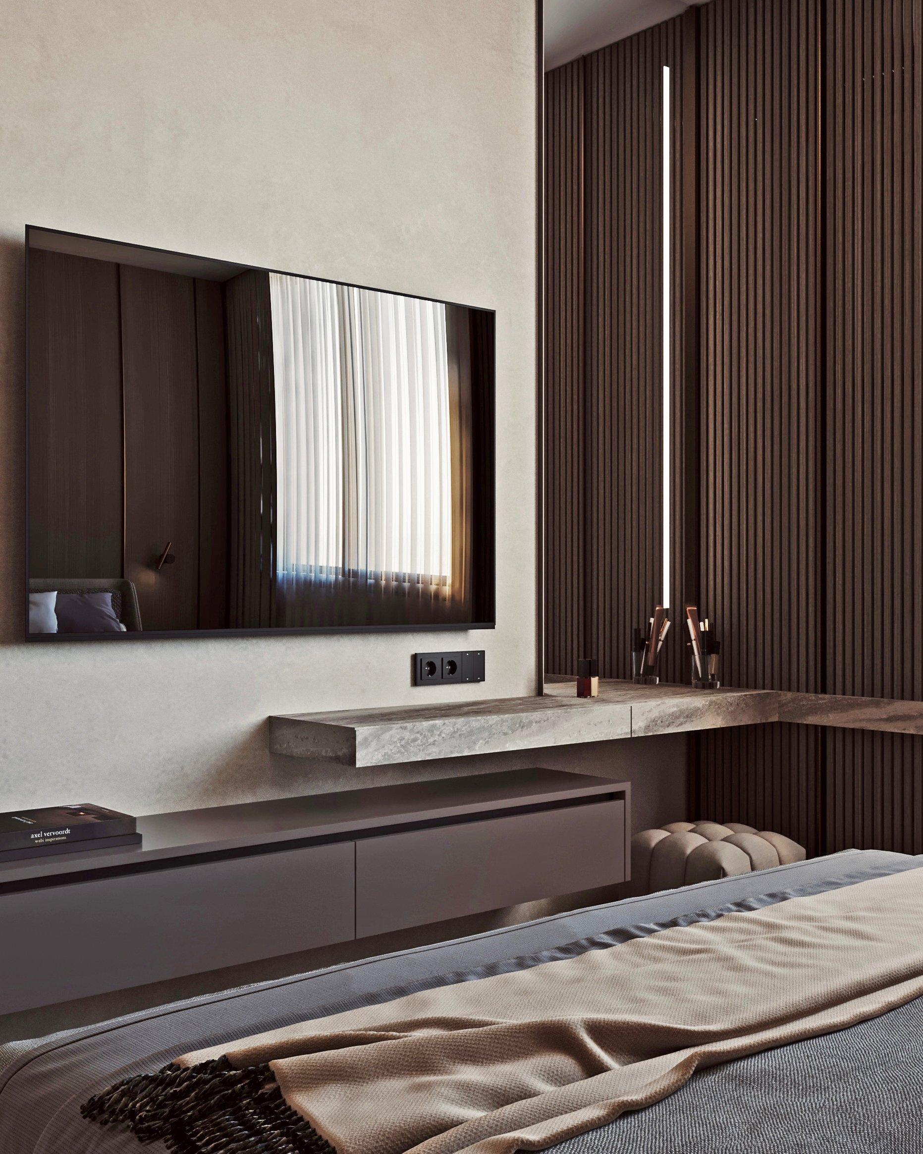 Luxury bedroom with wall-mounted TV, floating marble shelf, and textured wall panels with ambient lighting.