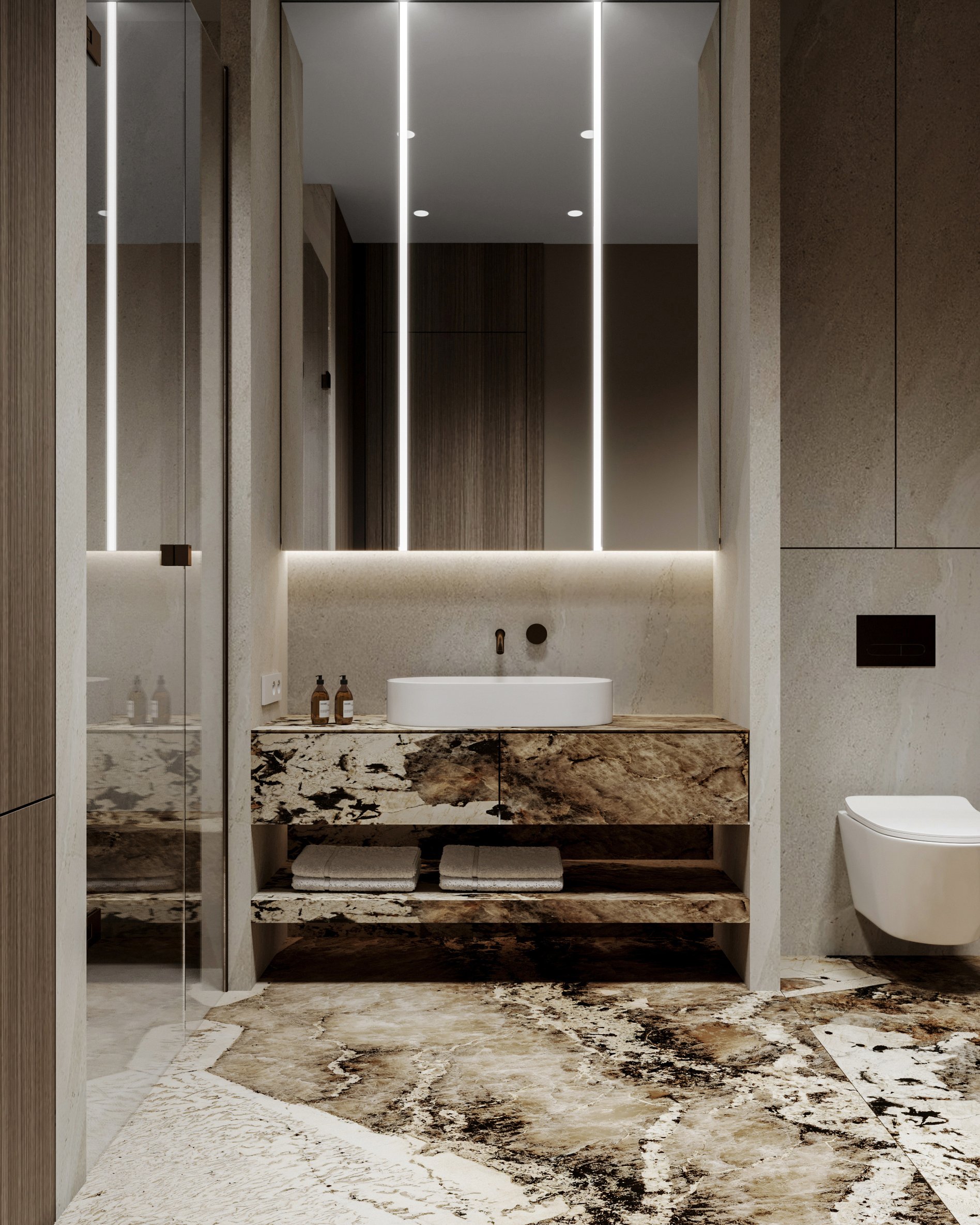 Contemporary bathroom featuring dramatic marble surfaces, backlit mirrors, floating vanity, and vessel sink.