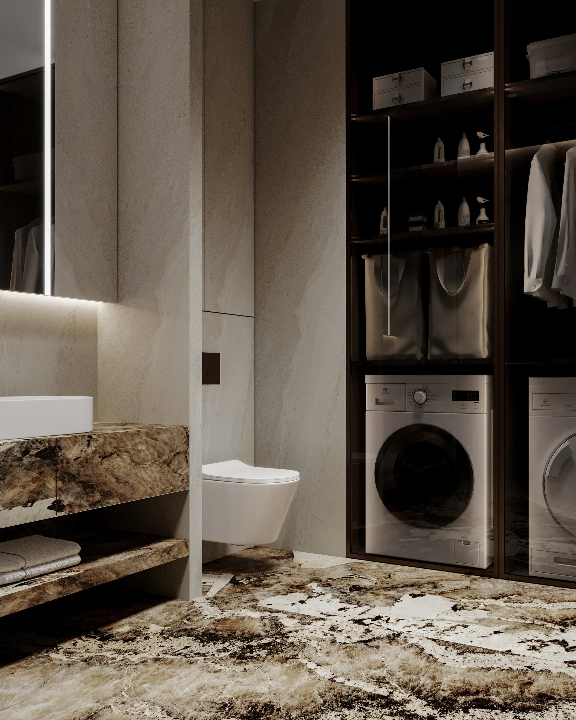Modern bathroom with built-in laundry area, marble countertops, and integrated storage solutions.