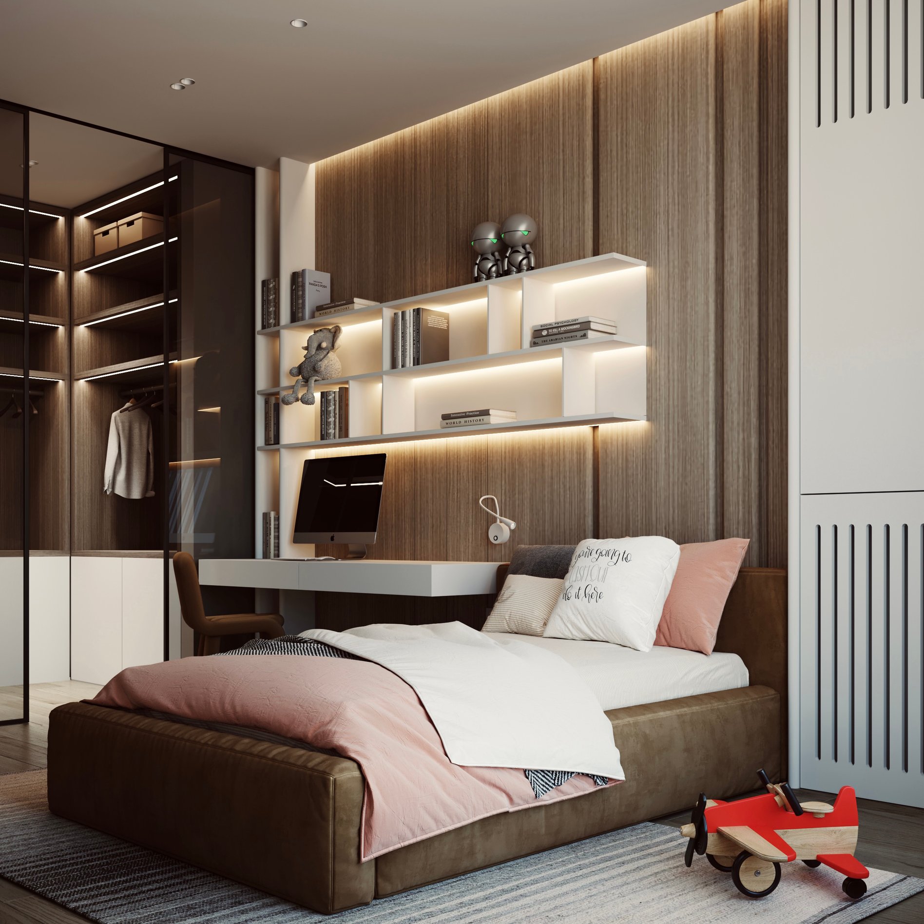 Modern children's bedroom with built-in desk, illuminated shelving, platform bed, and vintage-style toy airplane.