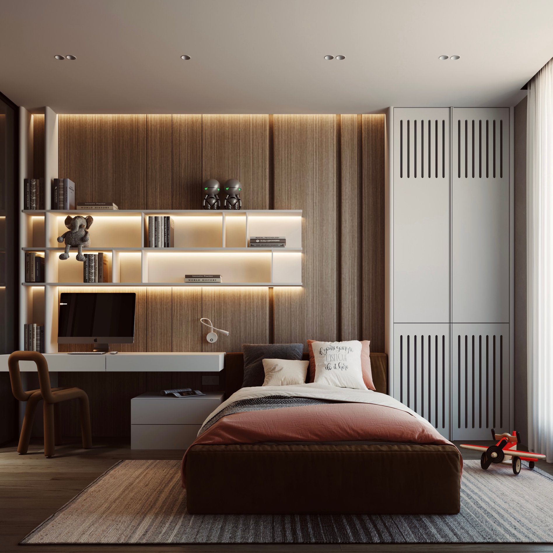 Contemporary children's bedroom featuring integrated study area, wooden wall panels, and custom storage solutions.