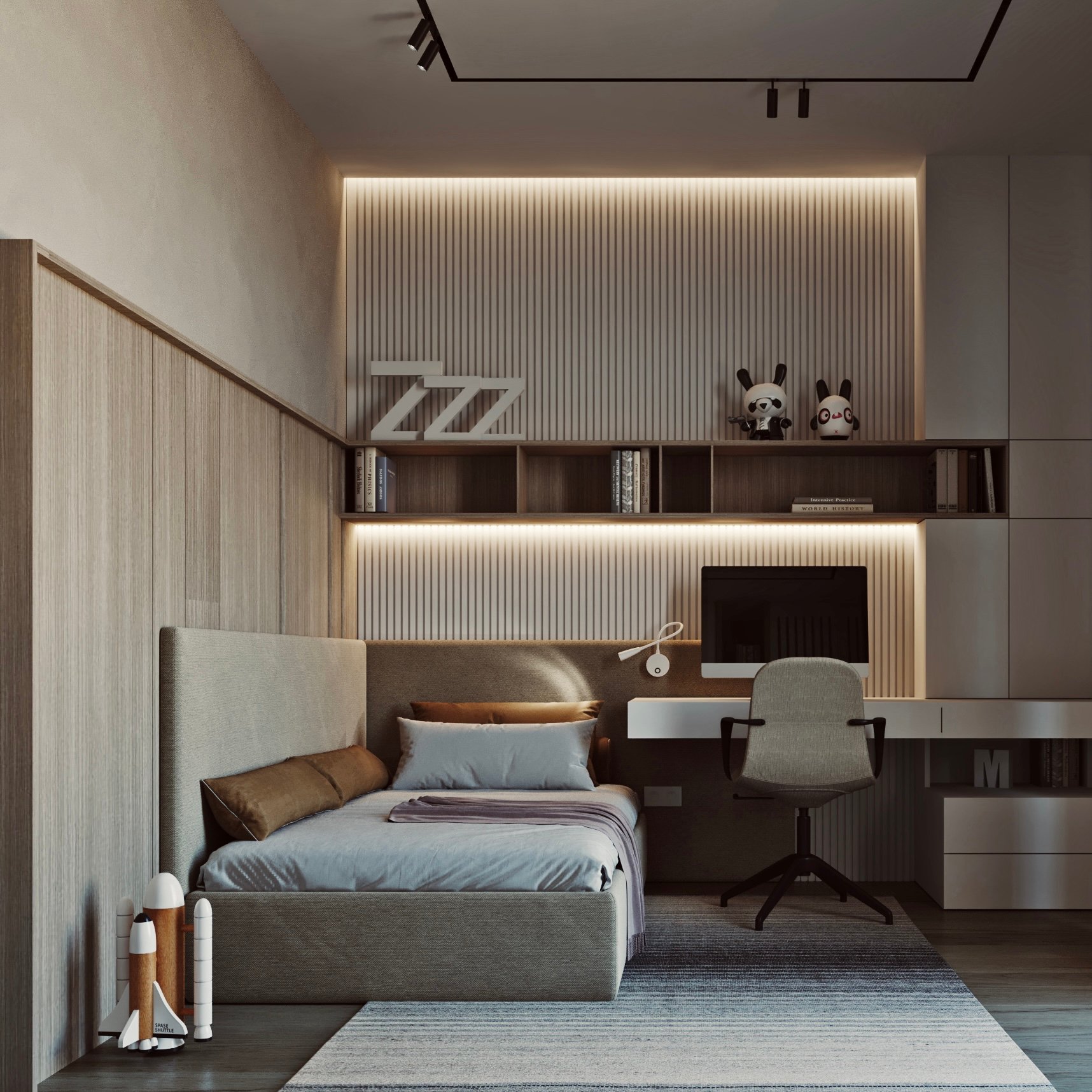Modern teen bedroom featuring built-in desk, illuminated wall panels, and decorative panda figures with space-themed decor.