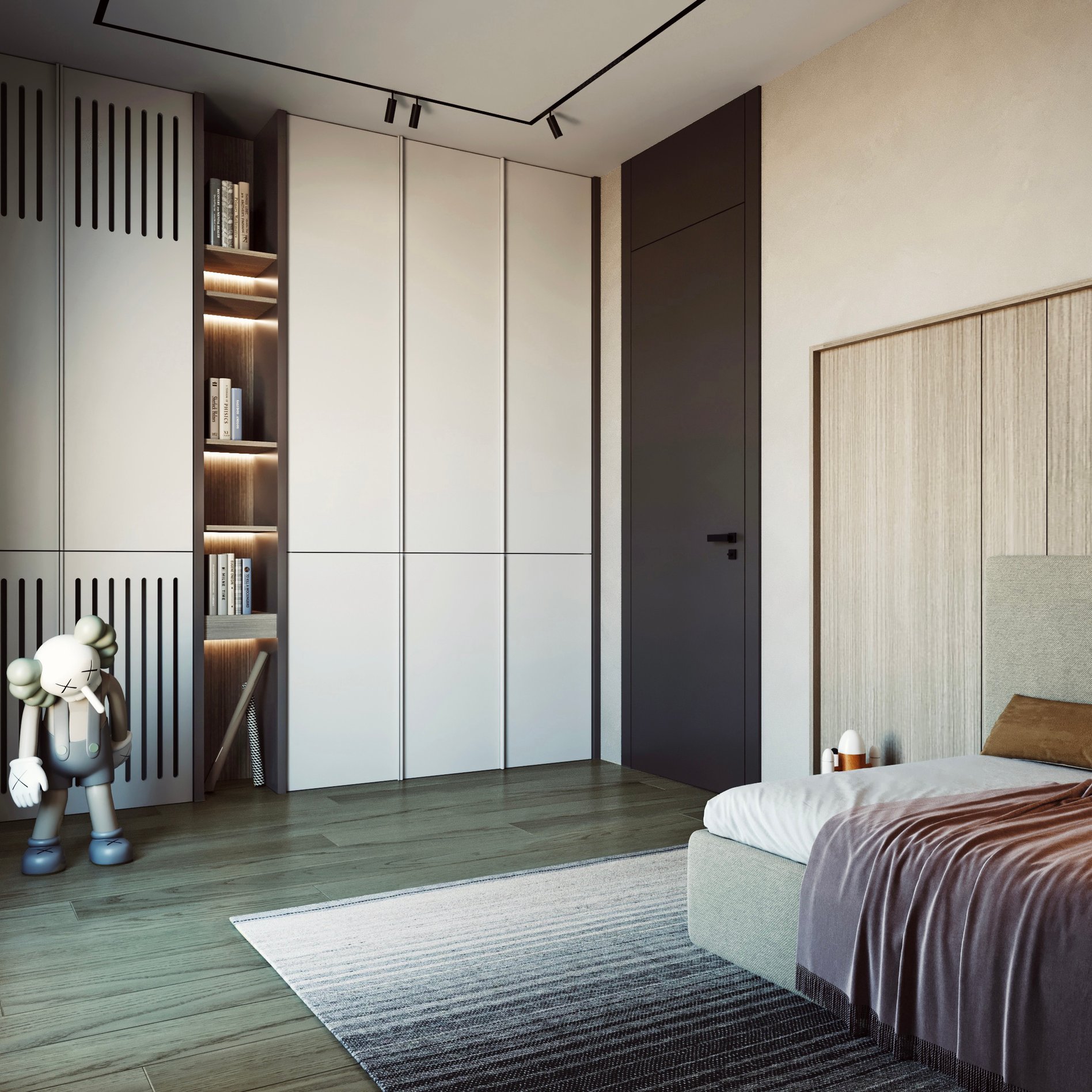 Contemporary teen bedroom with floor-to-ceiling storage, designer collectible figure, and integrated lighting system.