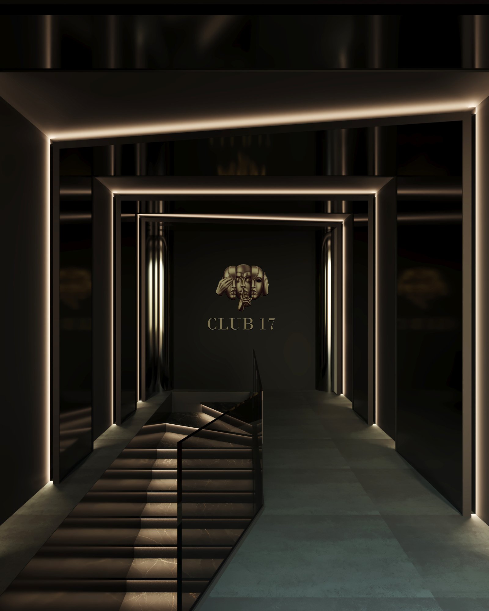 Dramatic entrance hallway with illuminated geometric frames, Club 17 logo, and marble stairs creating a theatrical arrival experience.