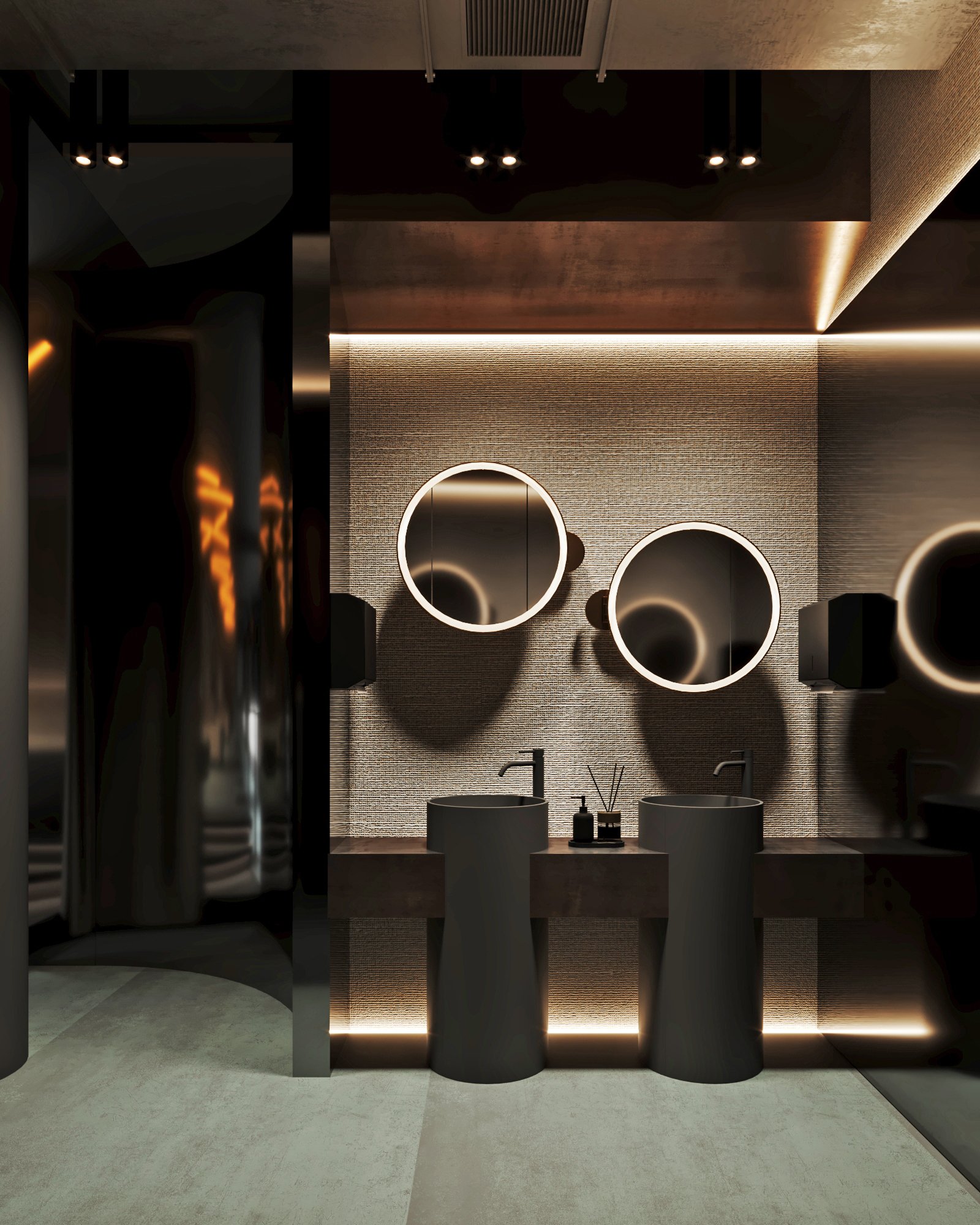 Designer restroom featuring cylindrical pedestal sinks, illuminated circular mirrors, and textured wall treatment with ambient lighting.