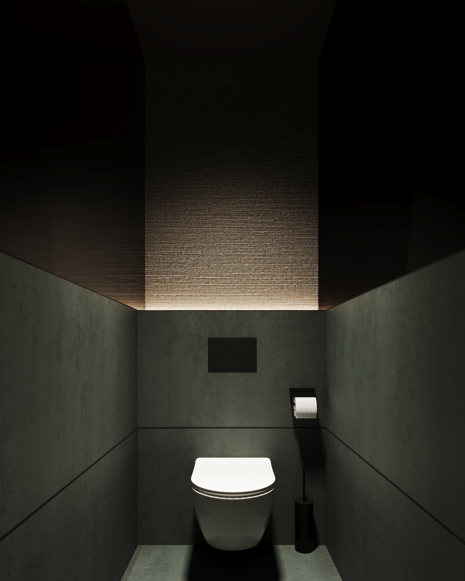 Minimalist toilet room with floating fixture, textured ceiling panel with indirect lighting, and concrete-finish walls.