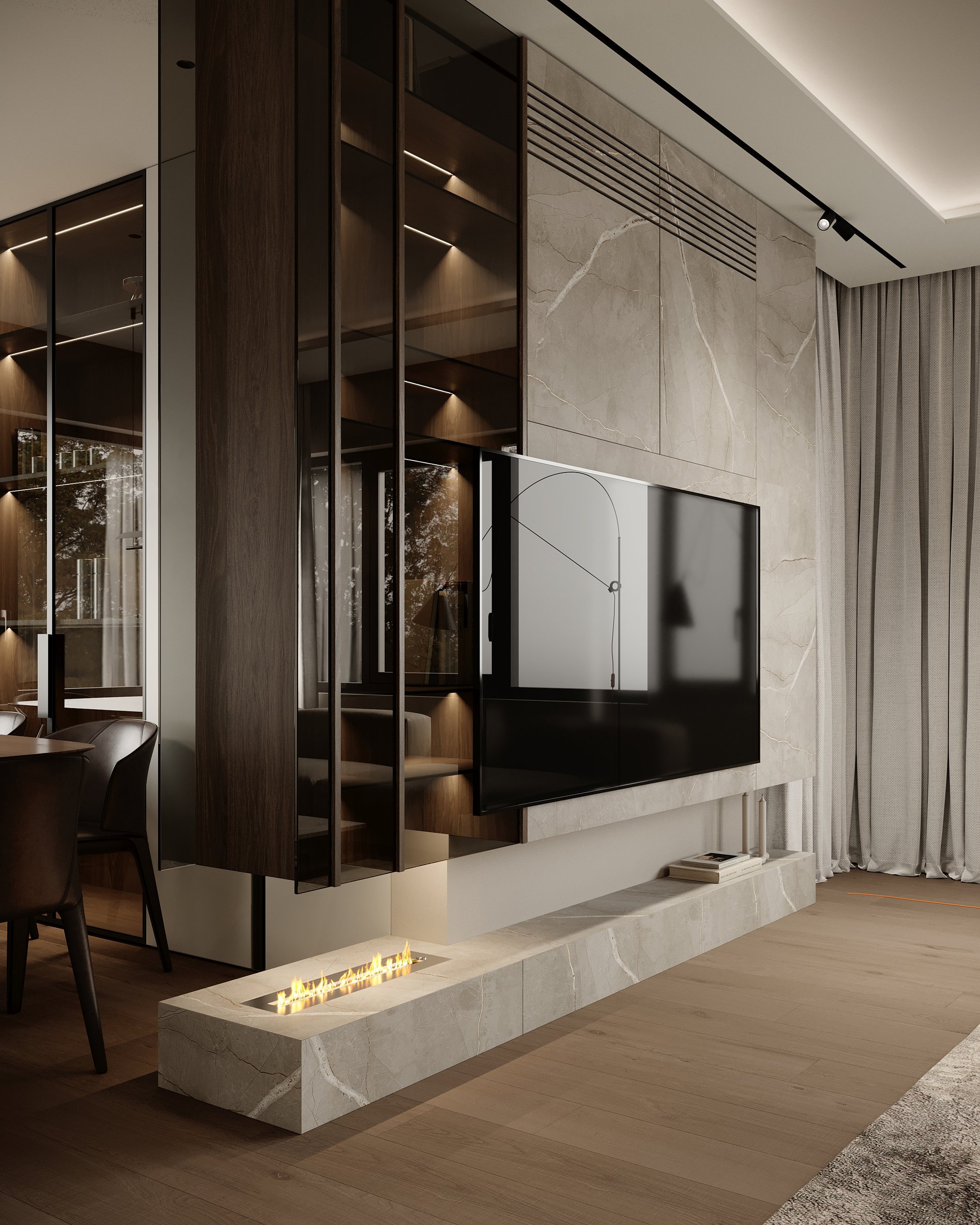 Contemporary living room featuring a marble wall with integrated fireplace, wall-mounted TV, and glass display shelving.