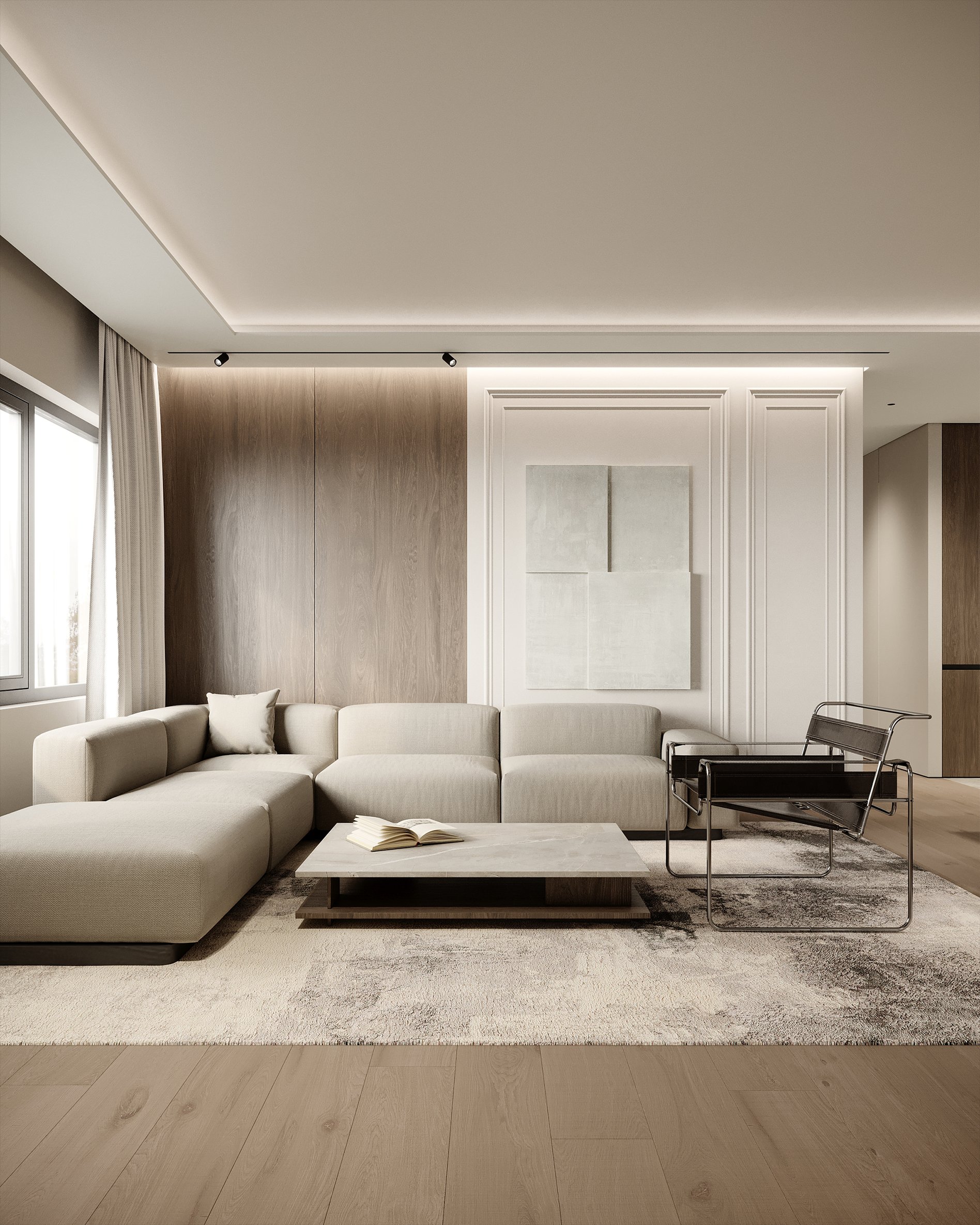 Minimalist living room with beige sectional sofa, concrete coffee table, and modern art piece on paneled wall.