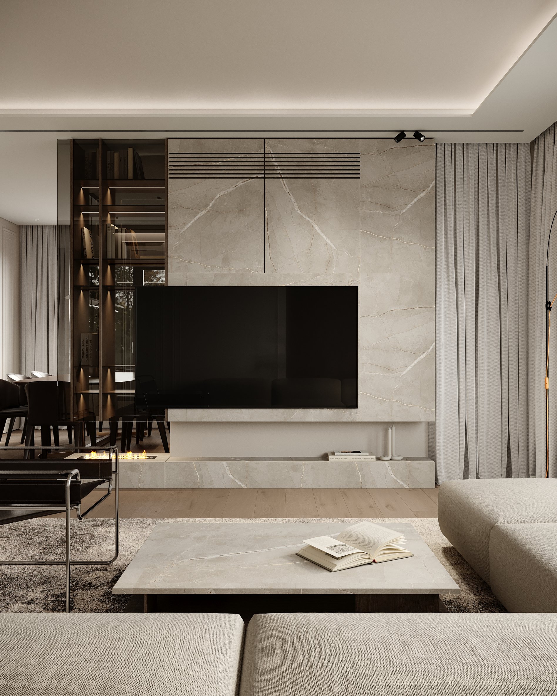 Modern living room with marble accent wall, linear fireplace, and built-in entertainment center with ambient lighting.
