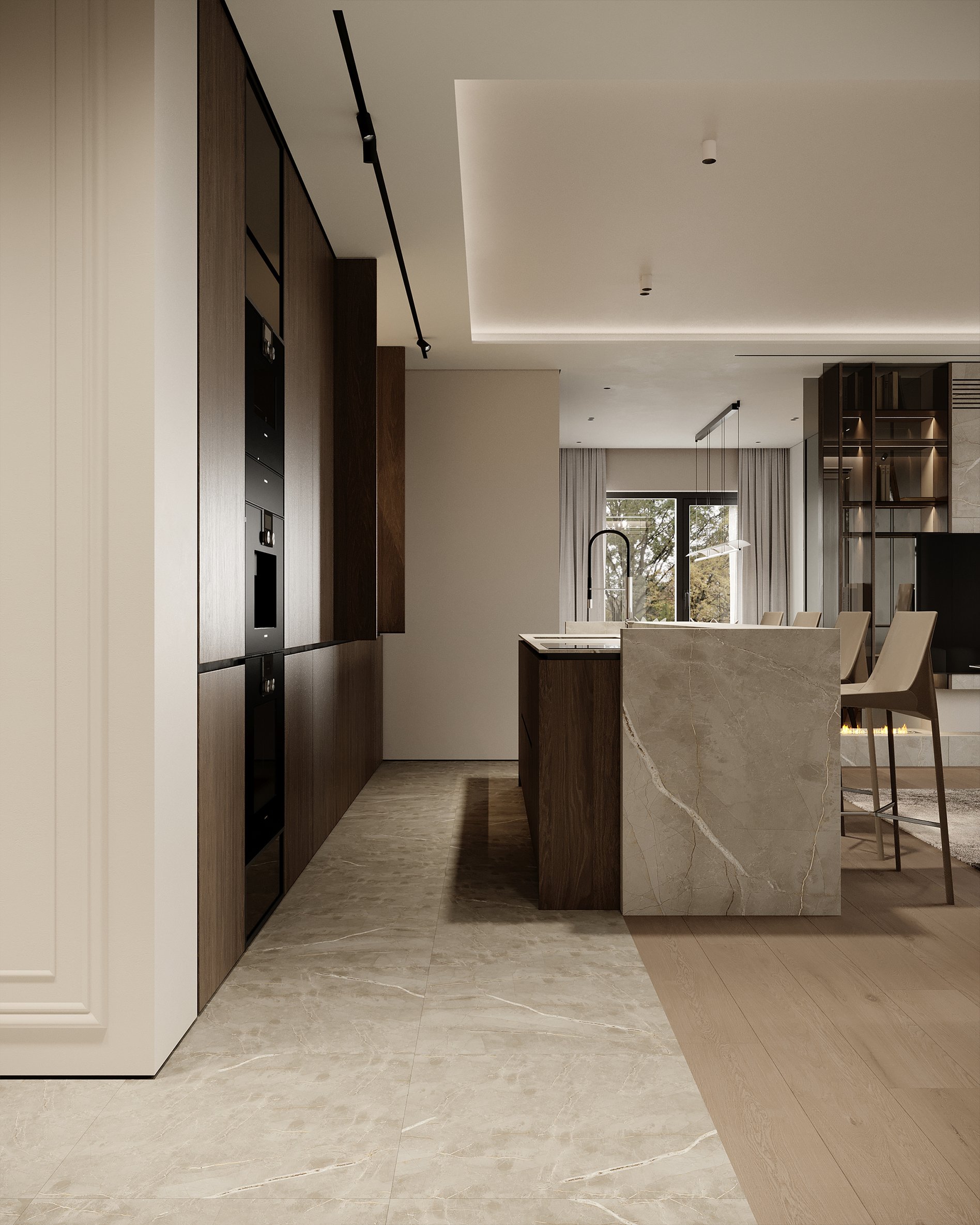 Modern kitchen featuring dark wood cabinetry, integrated appliances, and marble flooring with wooden accents.