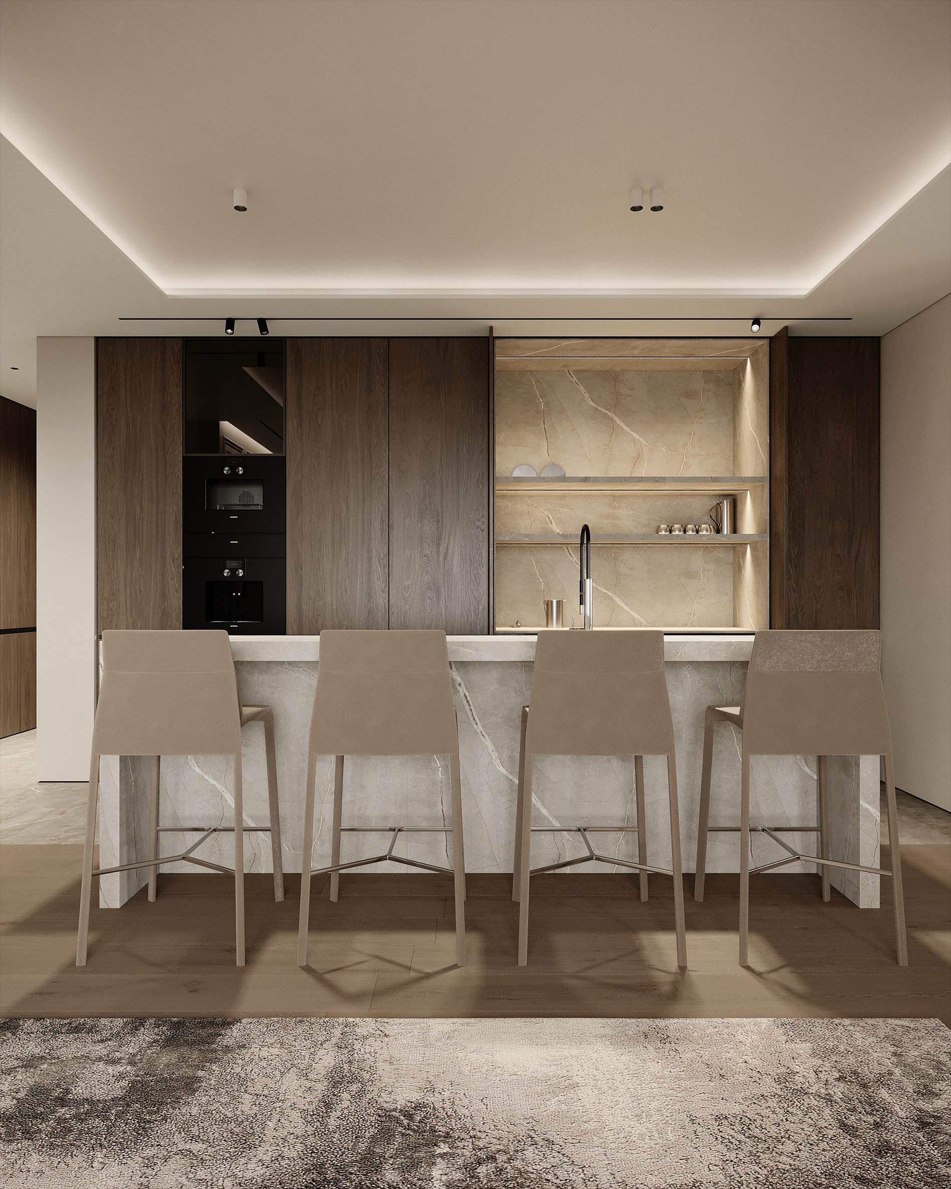 Modern kitchen bar area with wooden wall panels, marble countertop, and integrated shelving with ambient lighting.