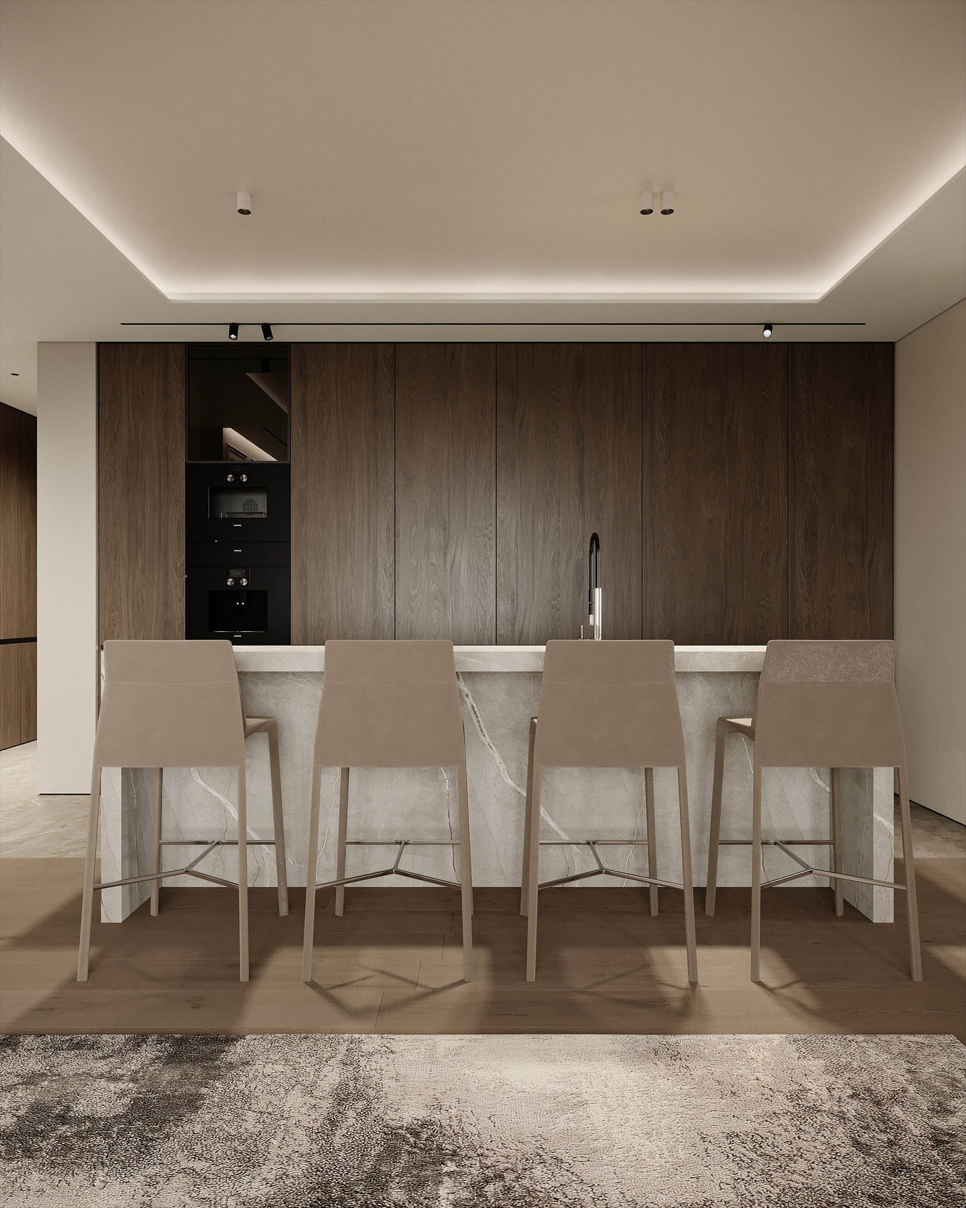 Contemporary kitchen bar with beige bar stools, marble countertop, and wooden storage cabinets.